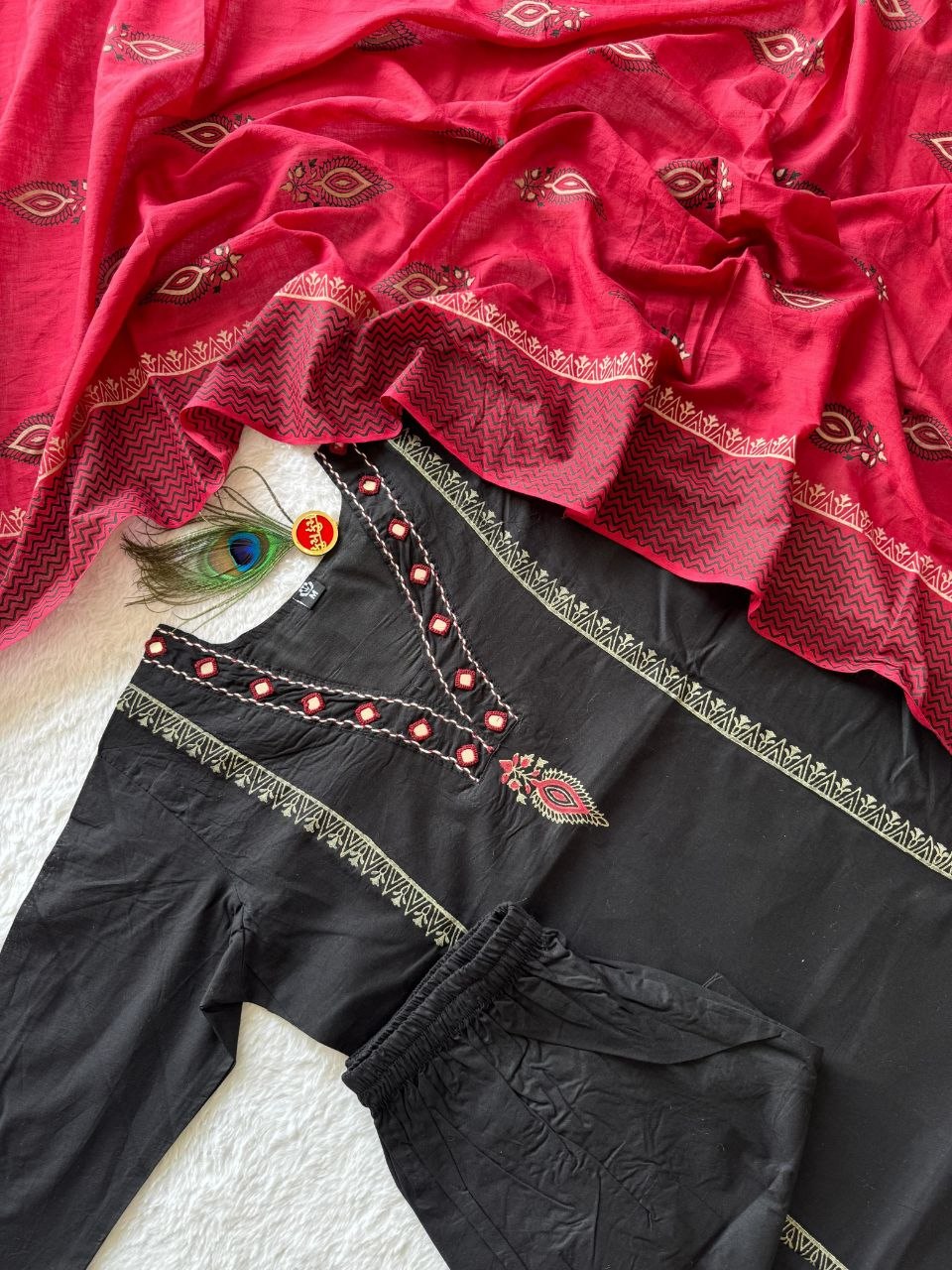 Pure Cotton Black Kurti Set with Mul Cotton Block Print Dupatta