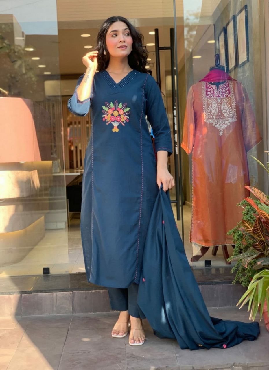 Rayon Slub Embroidered Kurti Pant Set with Chanderi Cotton Dupatta