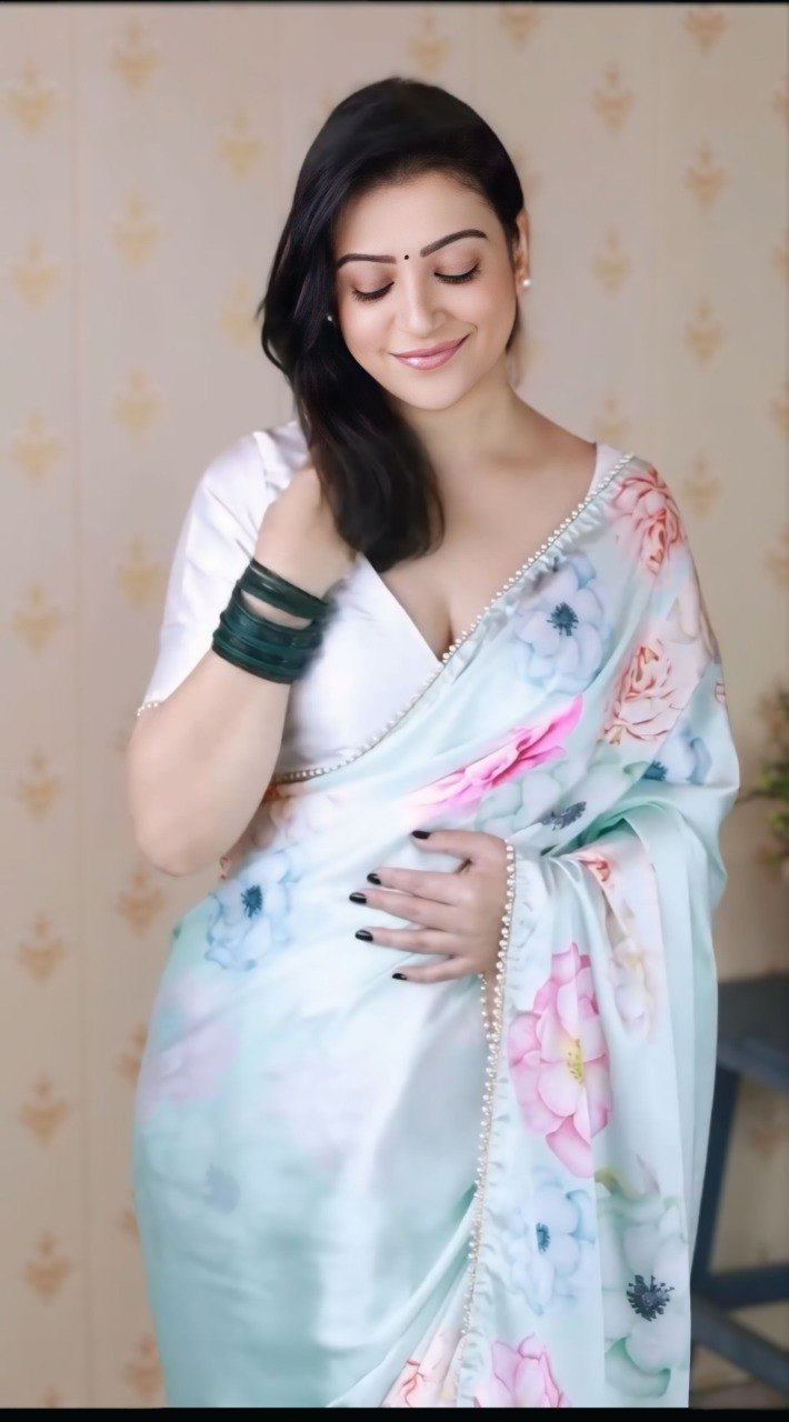 Elegant White Ready To Wear Satin Silk Printed Saree
