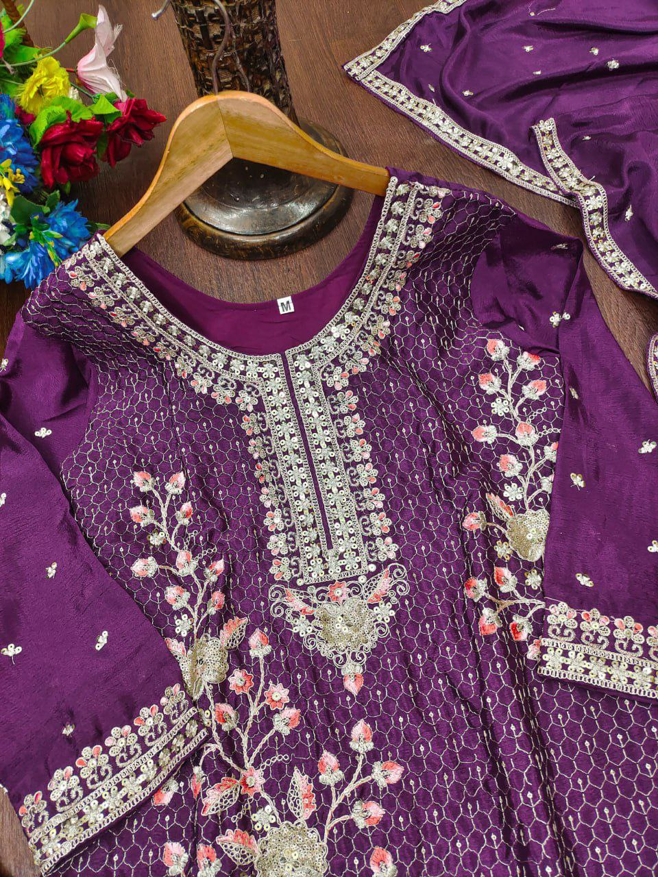 Chinon Embroidered Kurti Sharara Set with Dupatta