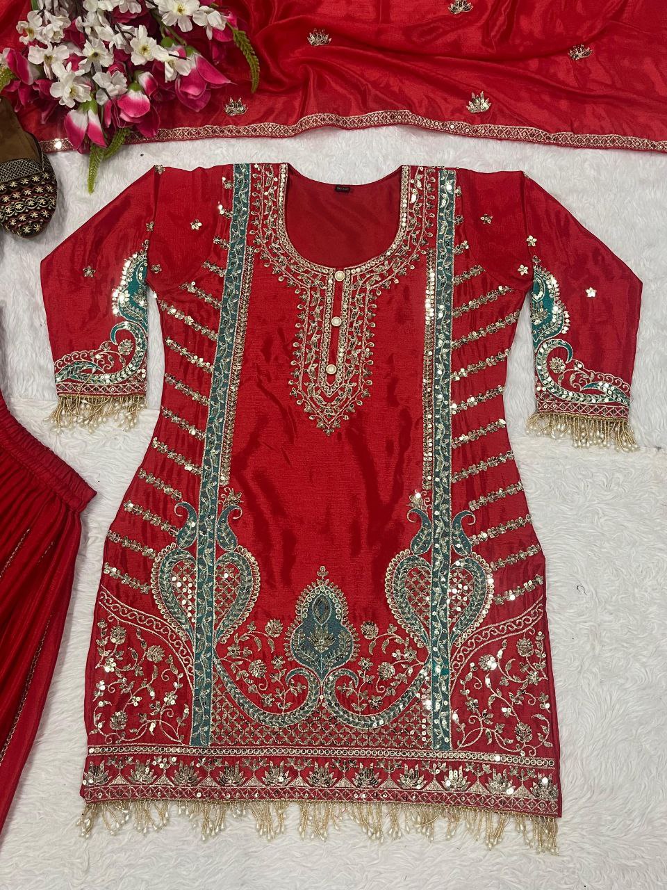 Heavy Chinon Silk Sequence Embroidered Kurti Sharara Set with Dupatta