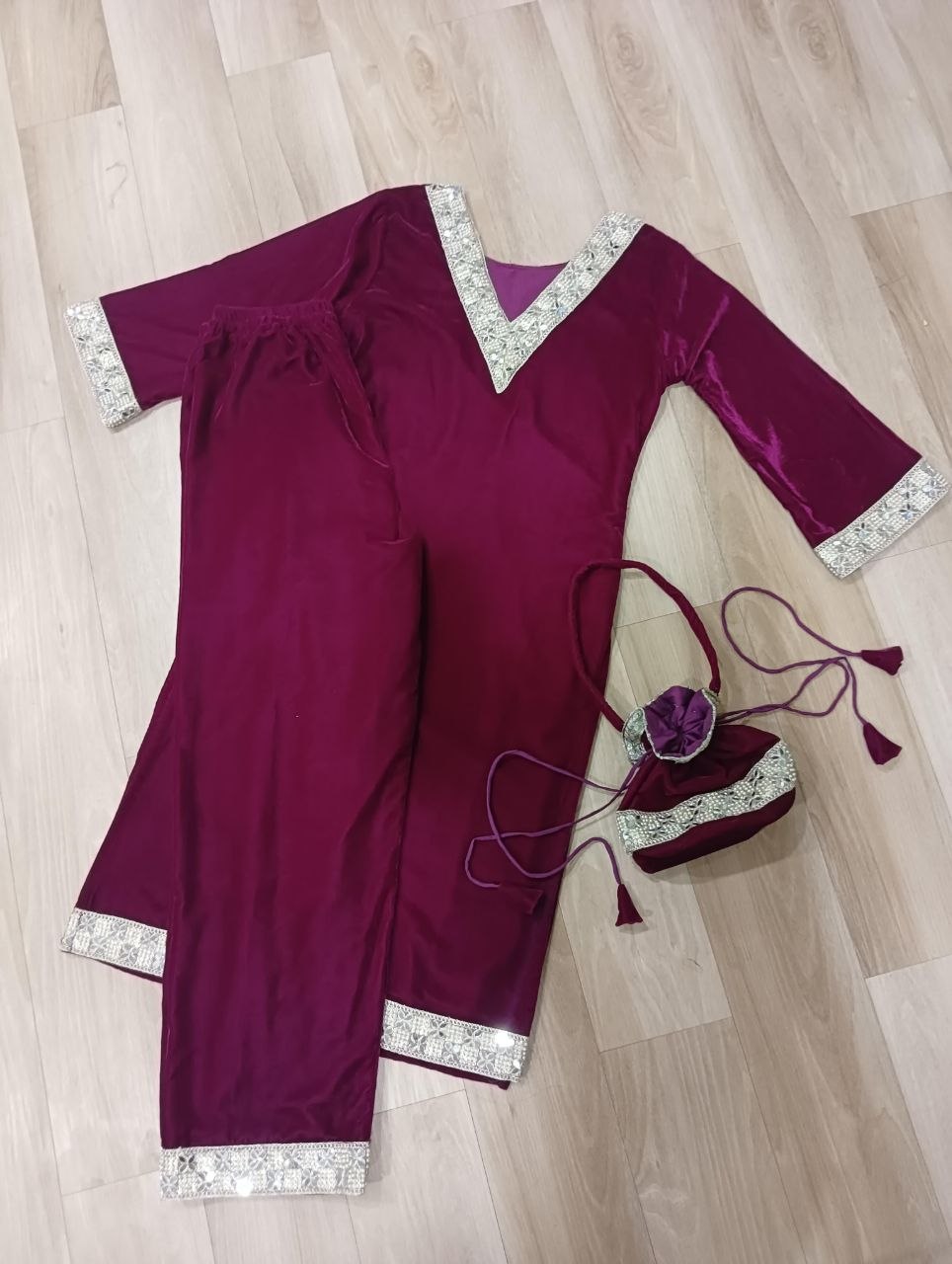 Premium Velvet Kurti Set with Mirror Work & Batwa