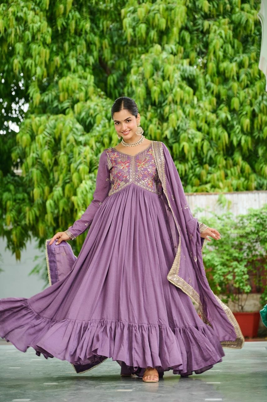 Designer Vichitra Silk Gown with Embroidered Dupatta