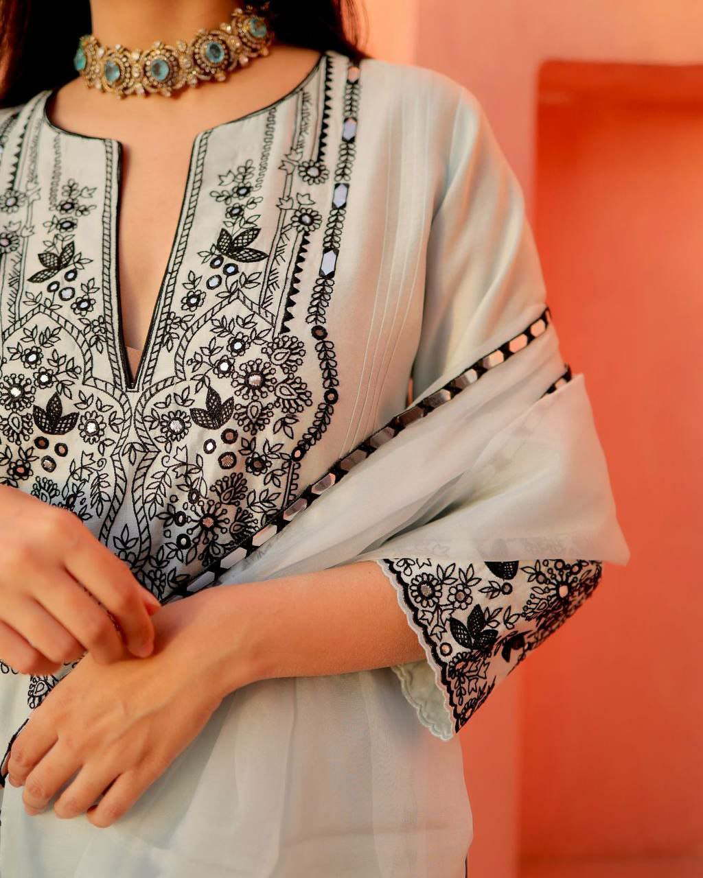 Elegant Georgette Foil Work Kurti Set with Dupatt