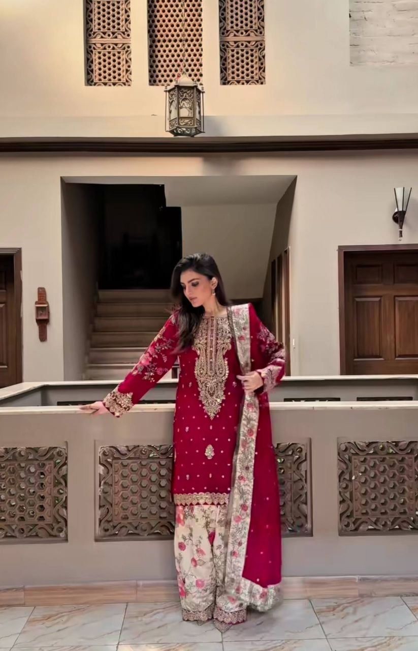 Designer Faux Georgette Embroidered Top with Patiyala & Dupatta Set