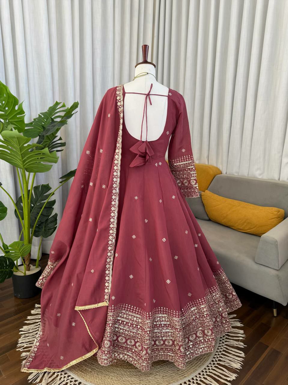 Designer Mul Chanderi Silk Gown Set with Pant & Dupatta