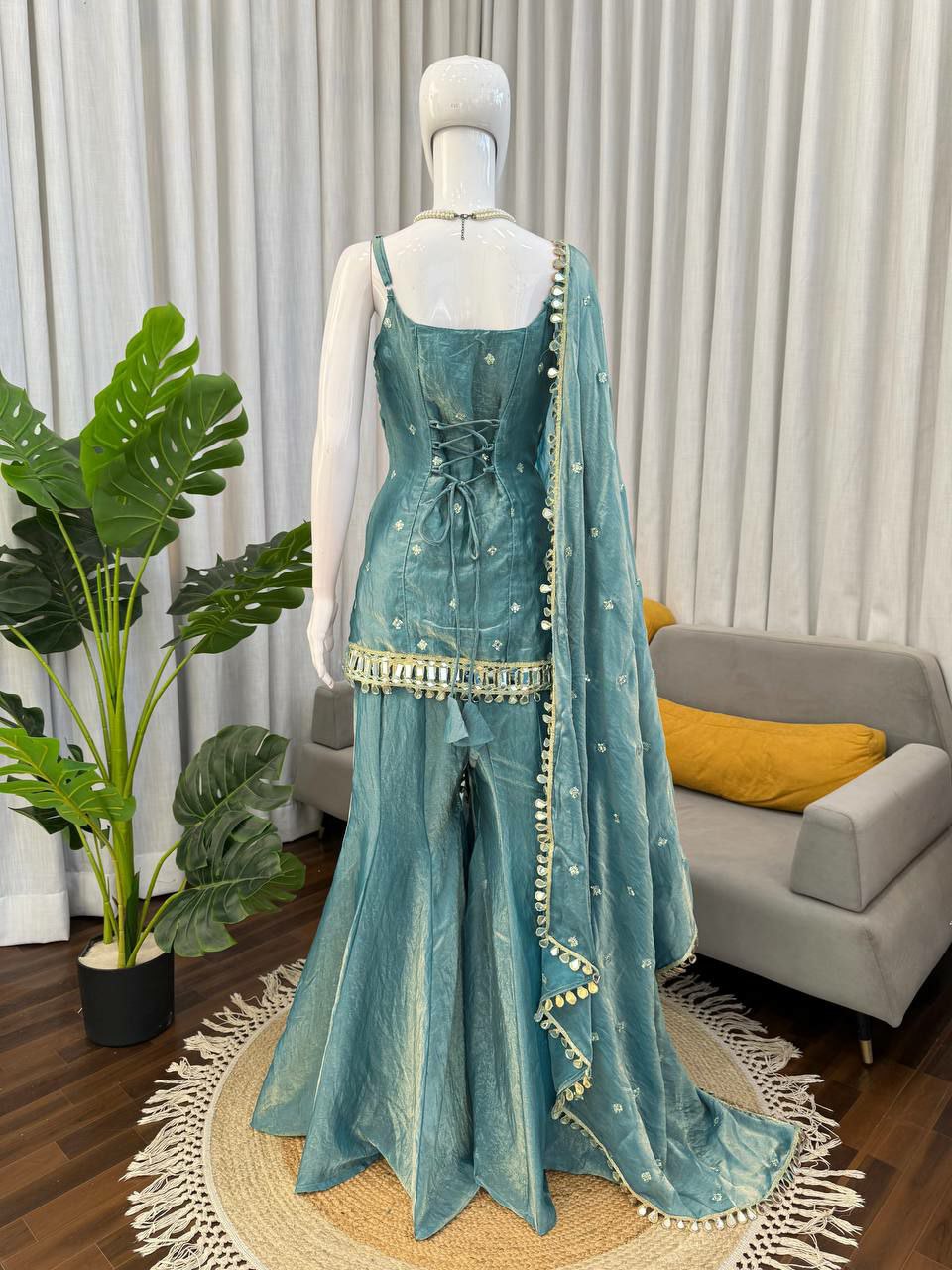 Designer Fendy Silk Mirror Work Kurti Plazo Set with Dupatta