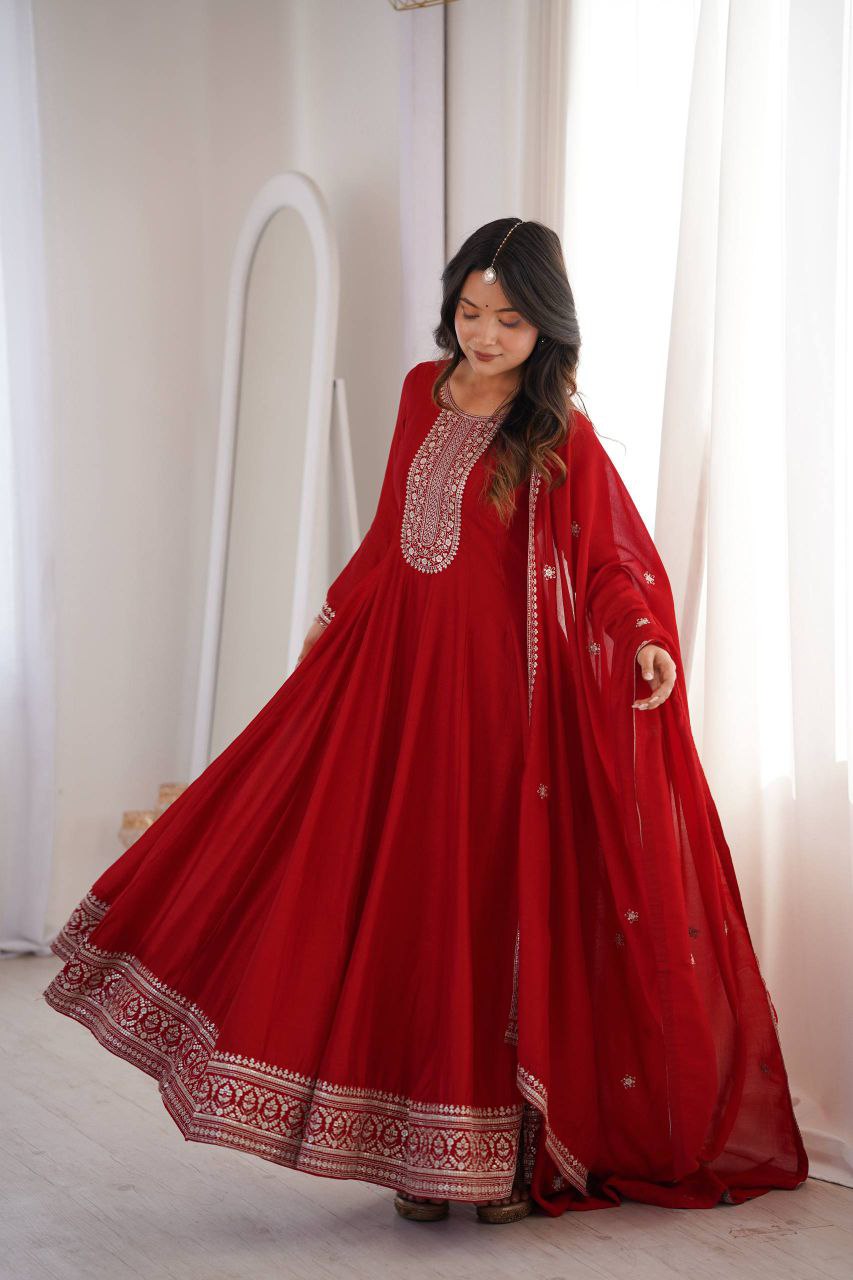 Designer Heavy Pure Vichitra Silk Anarkali Gown Set