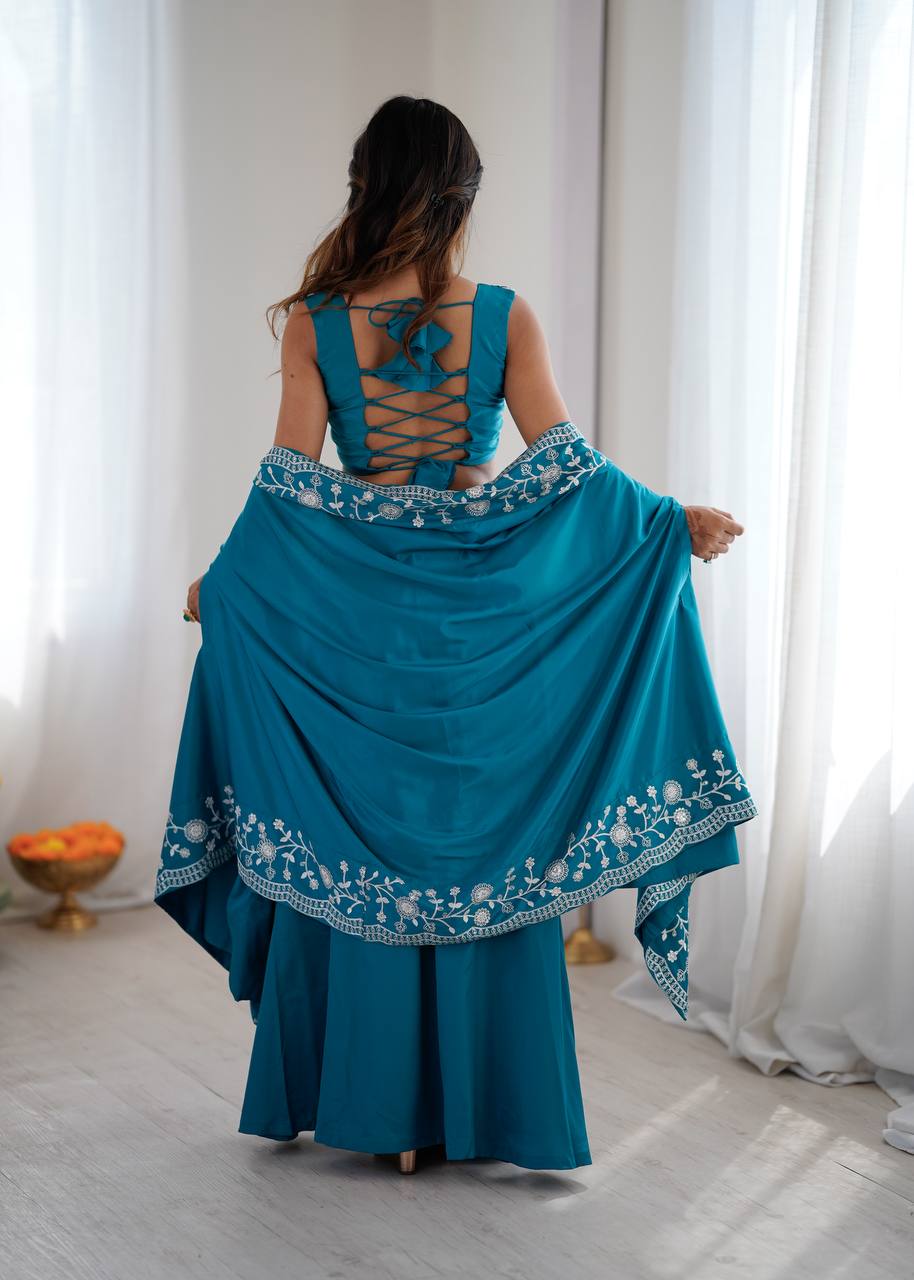 Premium Crepe Silk Dhoti Set with Shrug & Choli