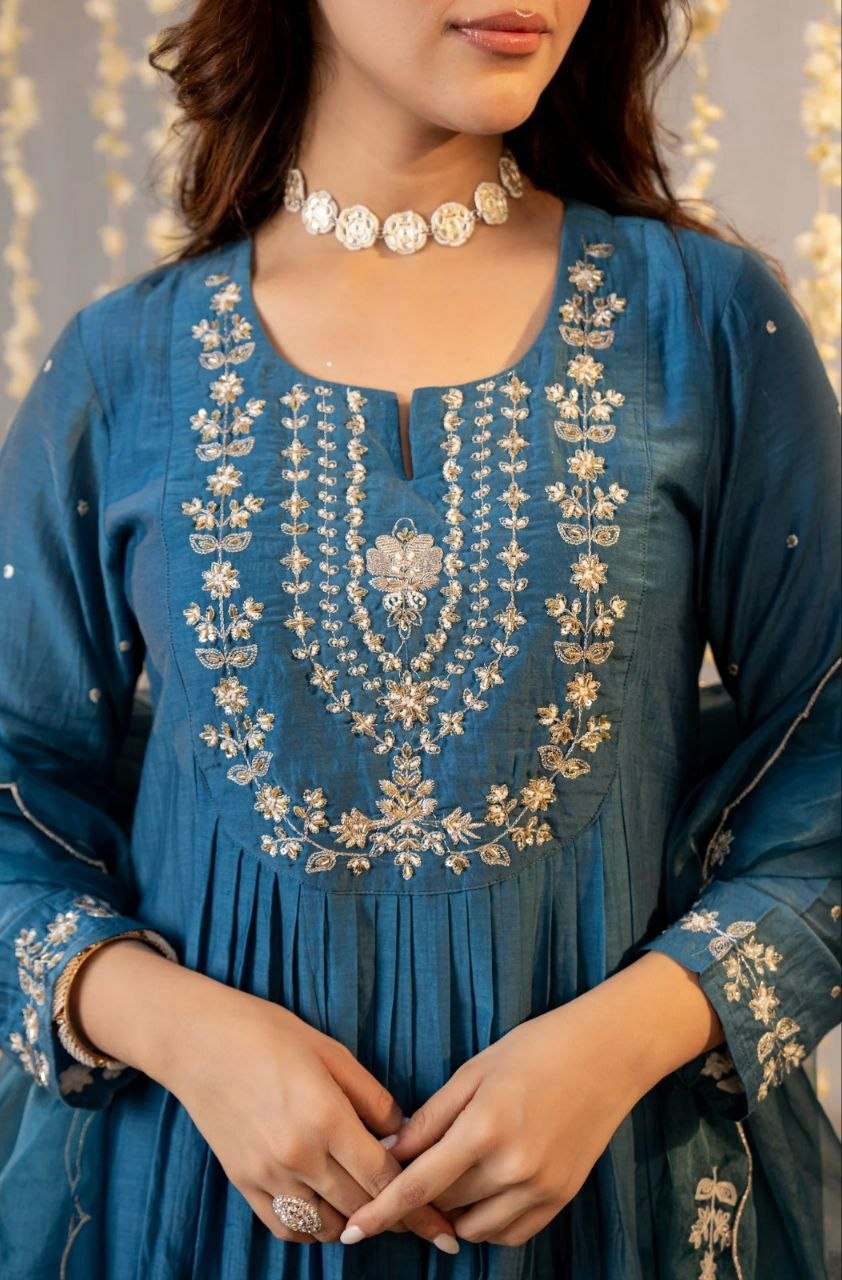 Pure Viscose Chanderi Silk Kurta Set with Embroidered Dupatta