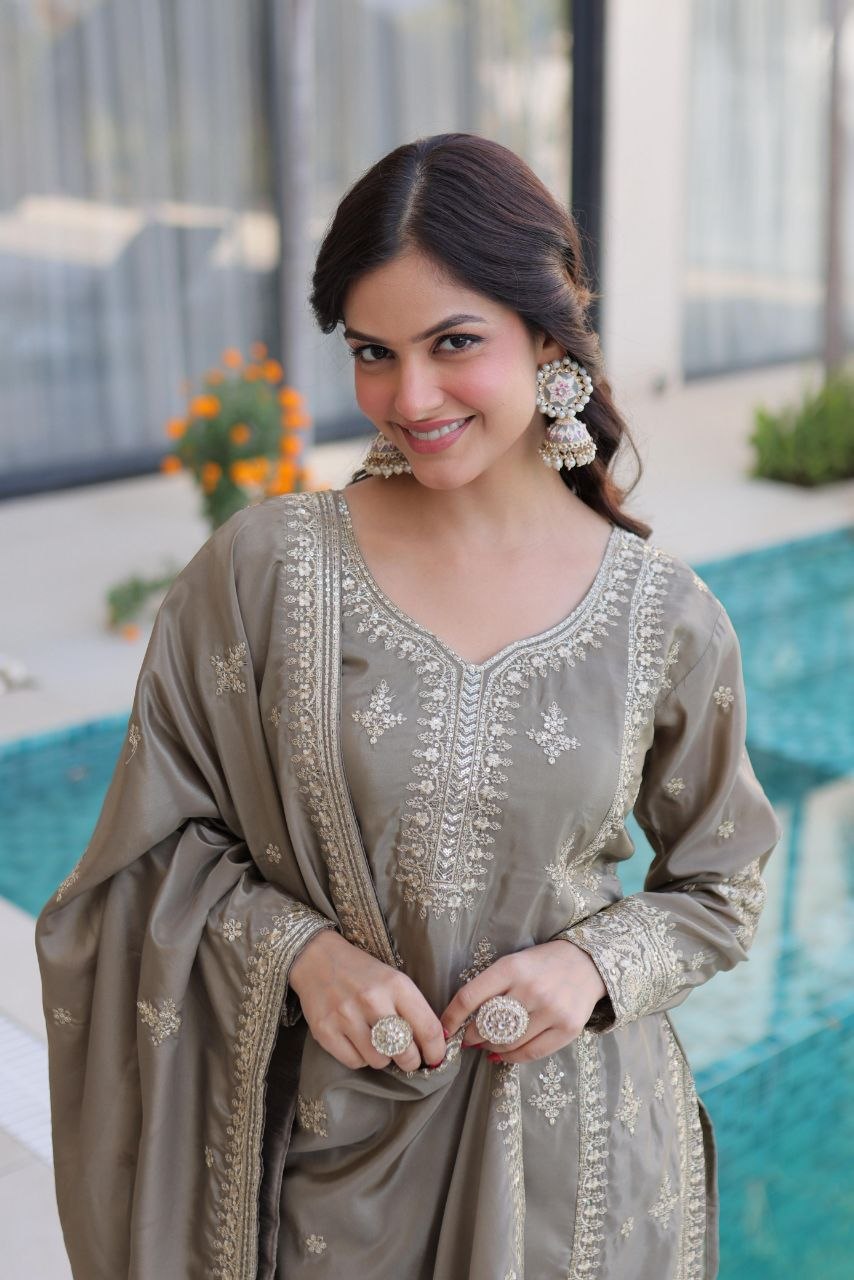 Designer Silk Kurti Set with Zari & Thread Embroidery