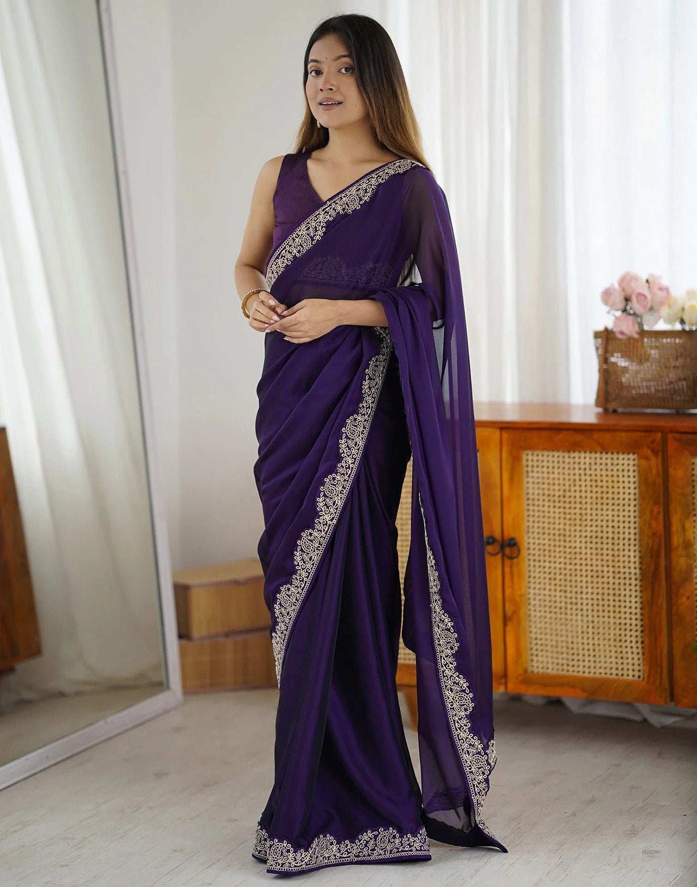 Purple Rangoli Party Wear Saree with Embroidery Work