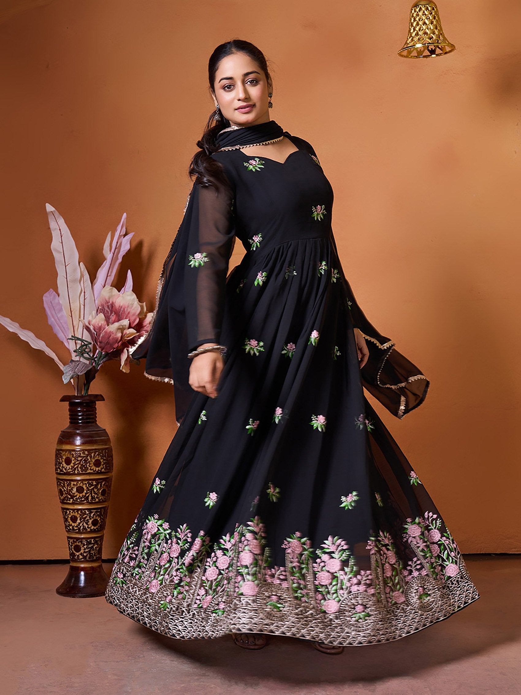 Black Georgette Embroidered Anarkali Gown with Dupatta