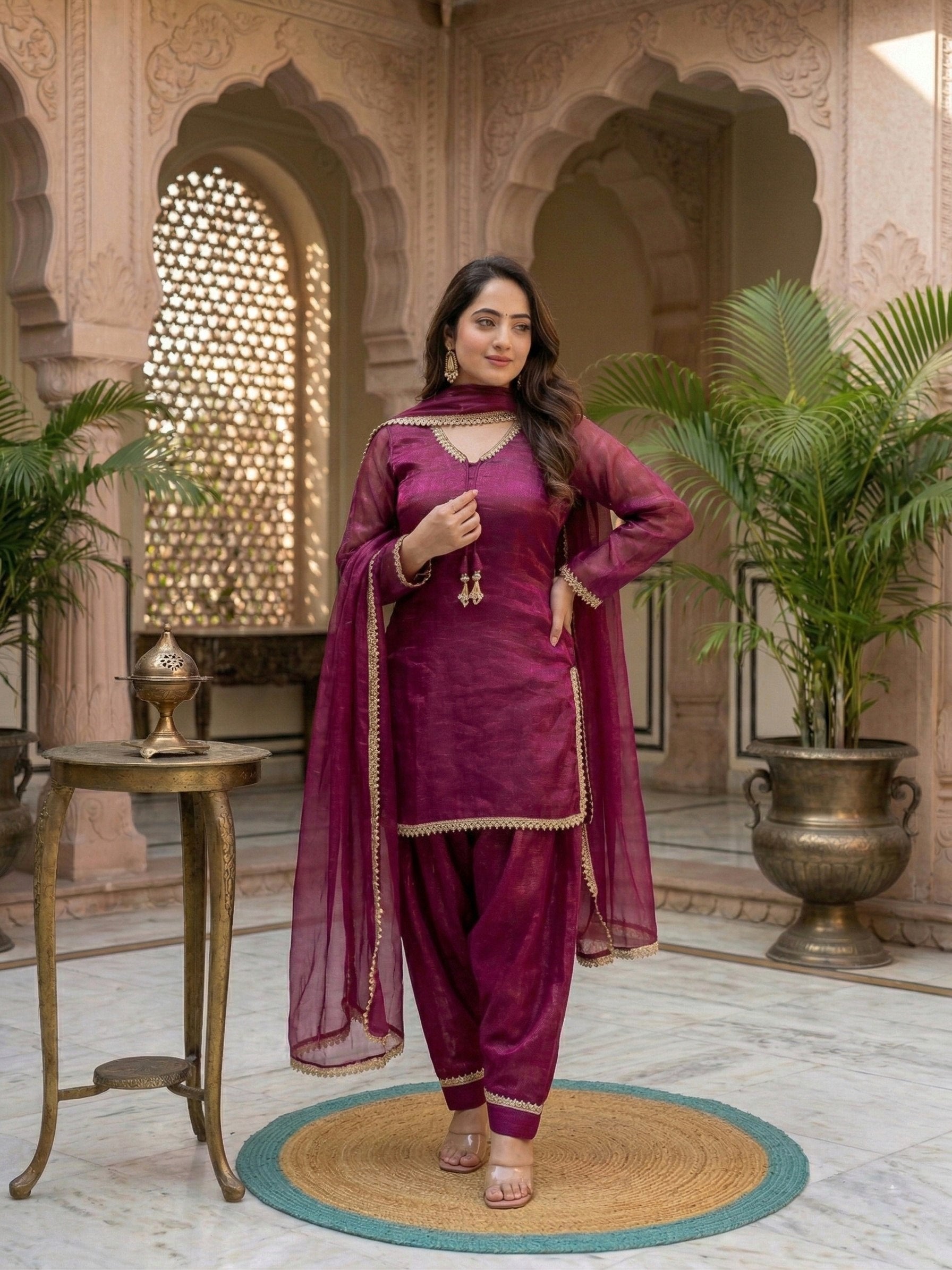 Designer Fendi Satin Mirror & Moti Work Plazo Set with Dupatta