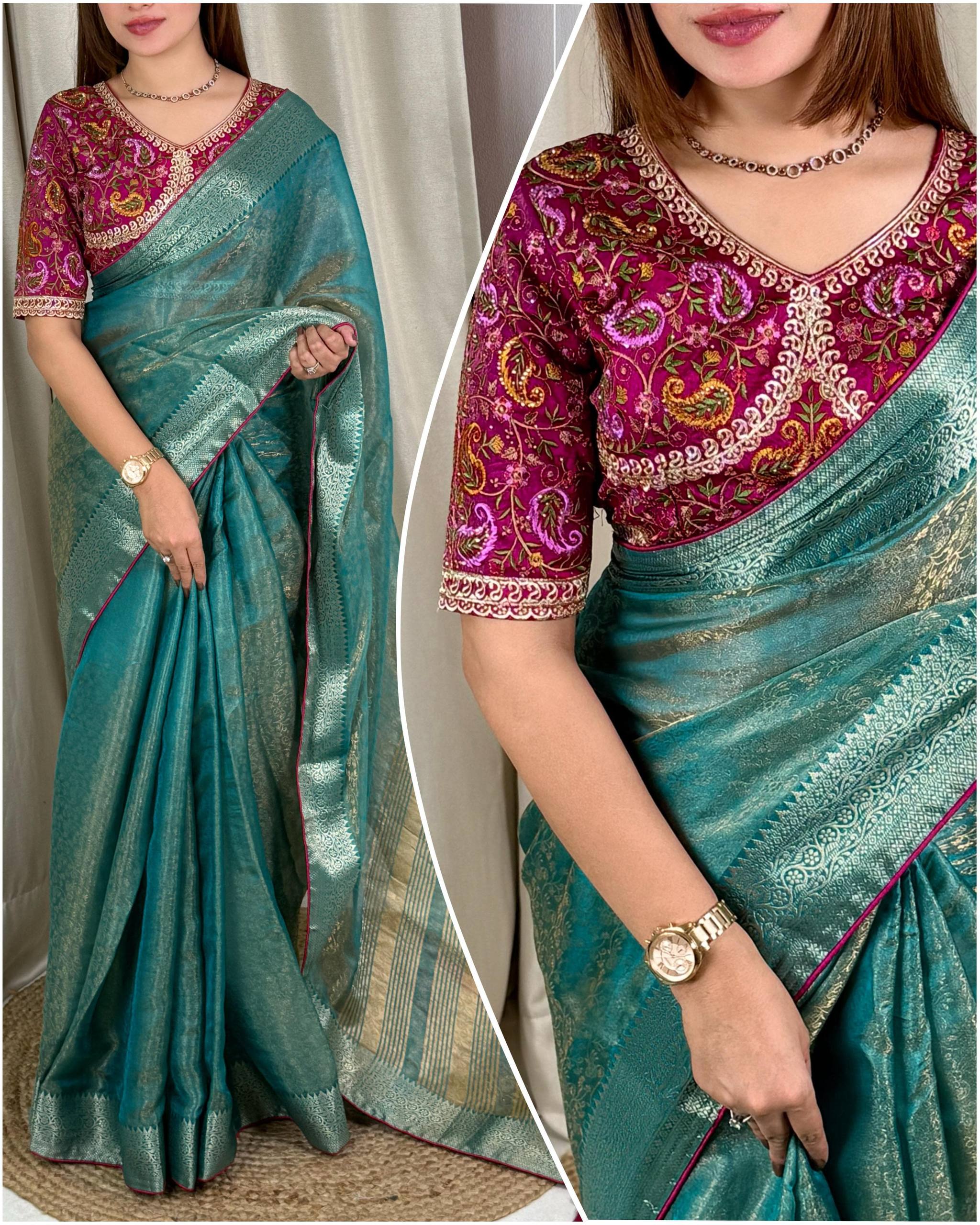 Designer Fandy Silk Saree with Kashmiri Embroidered Blouse