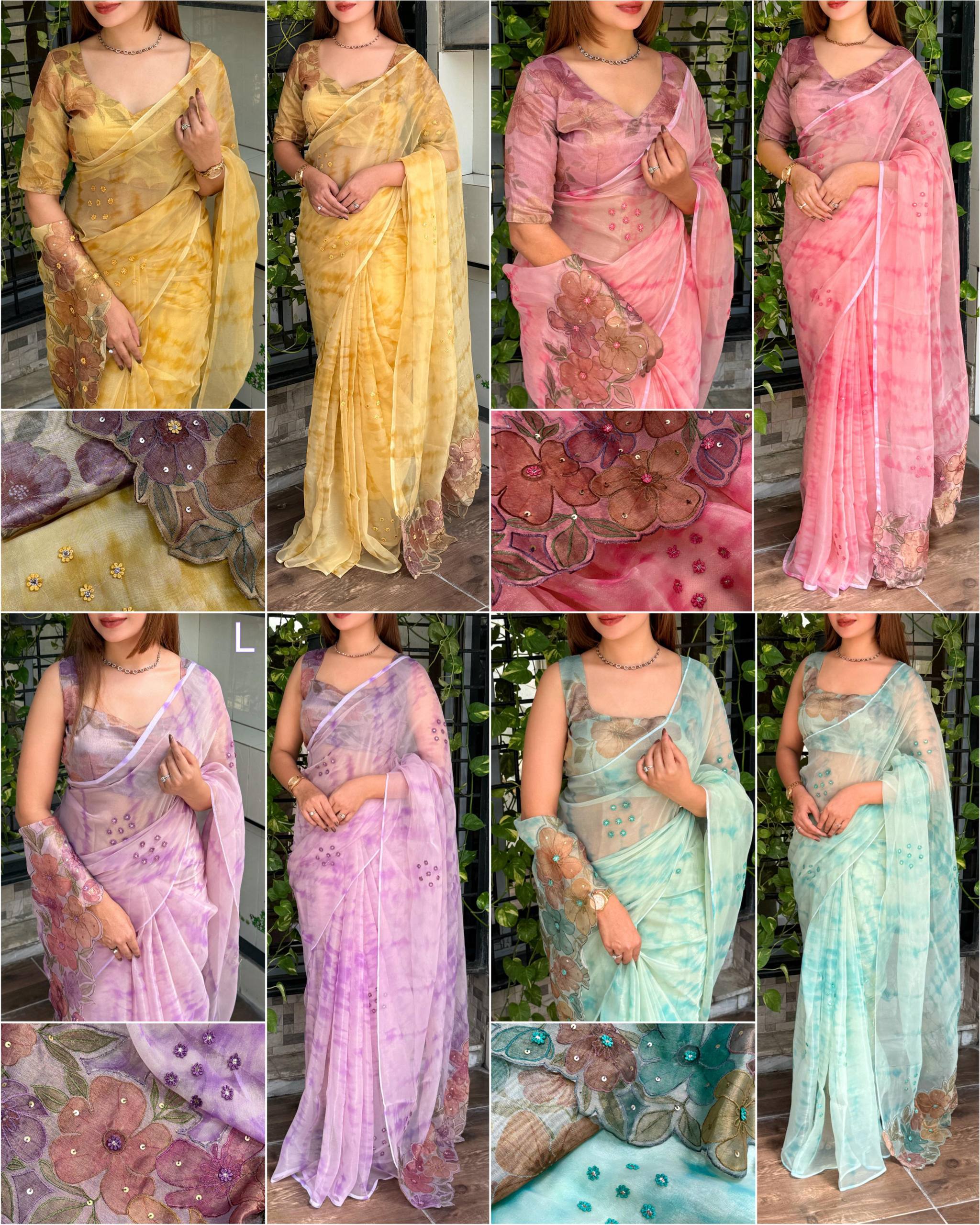 Pure Glass Tissue Designer Saree with Hand Applique Work