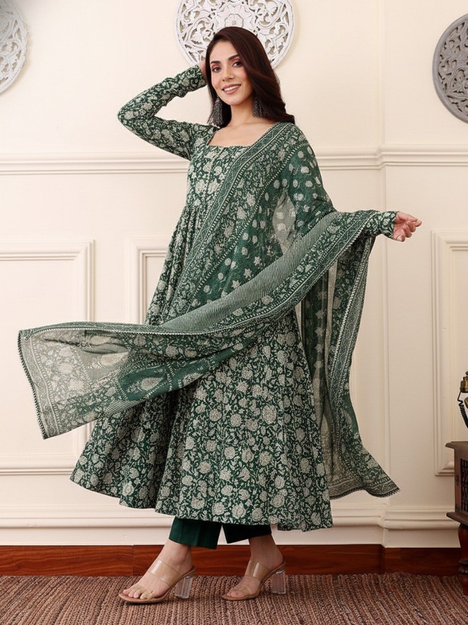 Dark Green Rayon Printed Kurti Set with Pant & Dupatta