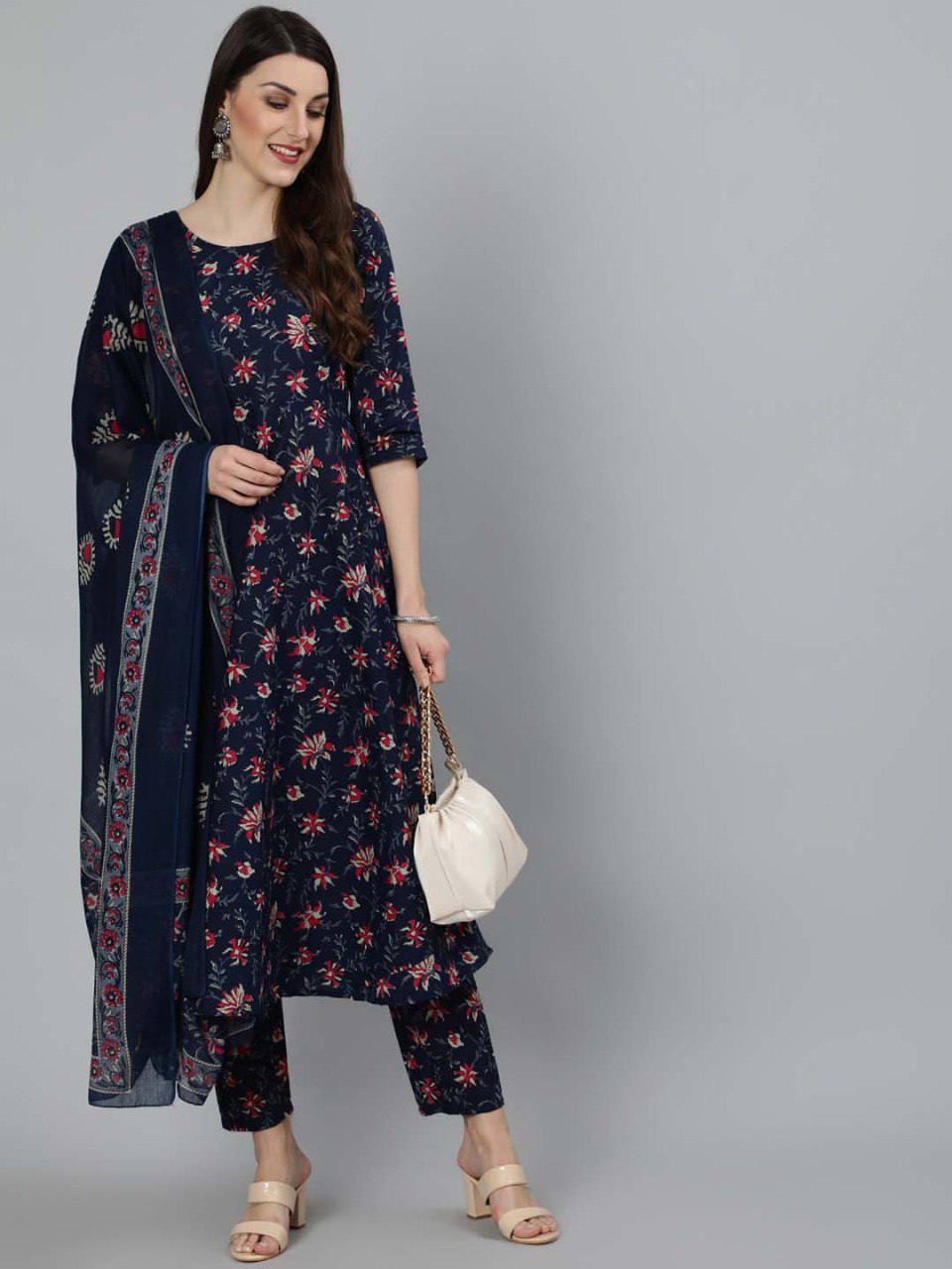 Navy Blue Rayon Printed Kurti Set with Dupatta