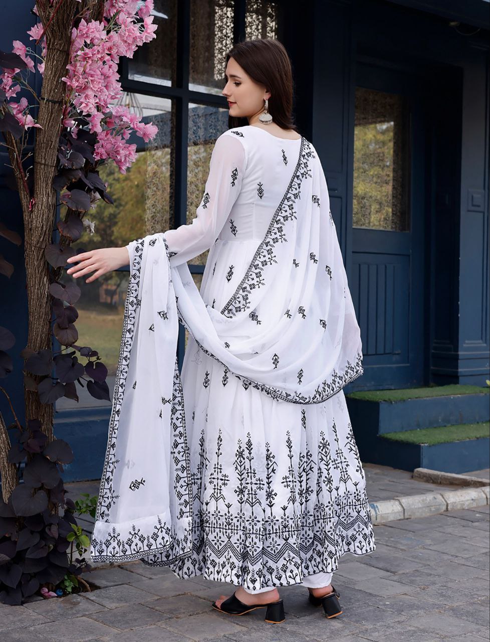 Designer White Anarkali Gown with Dupatta