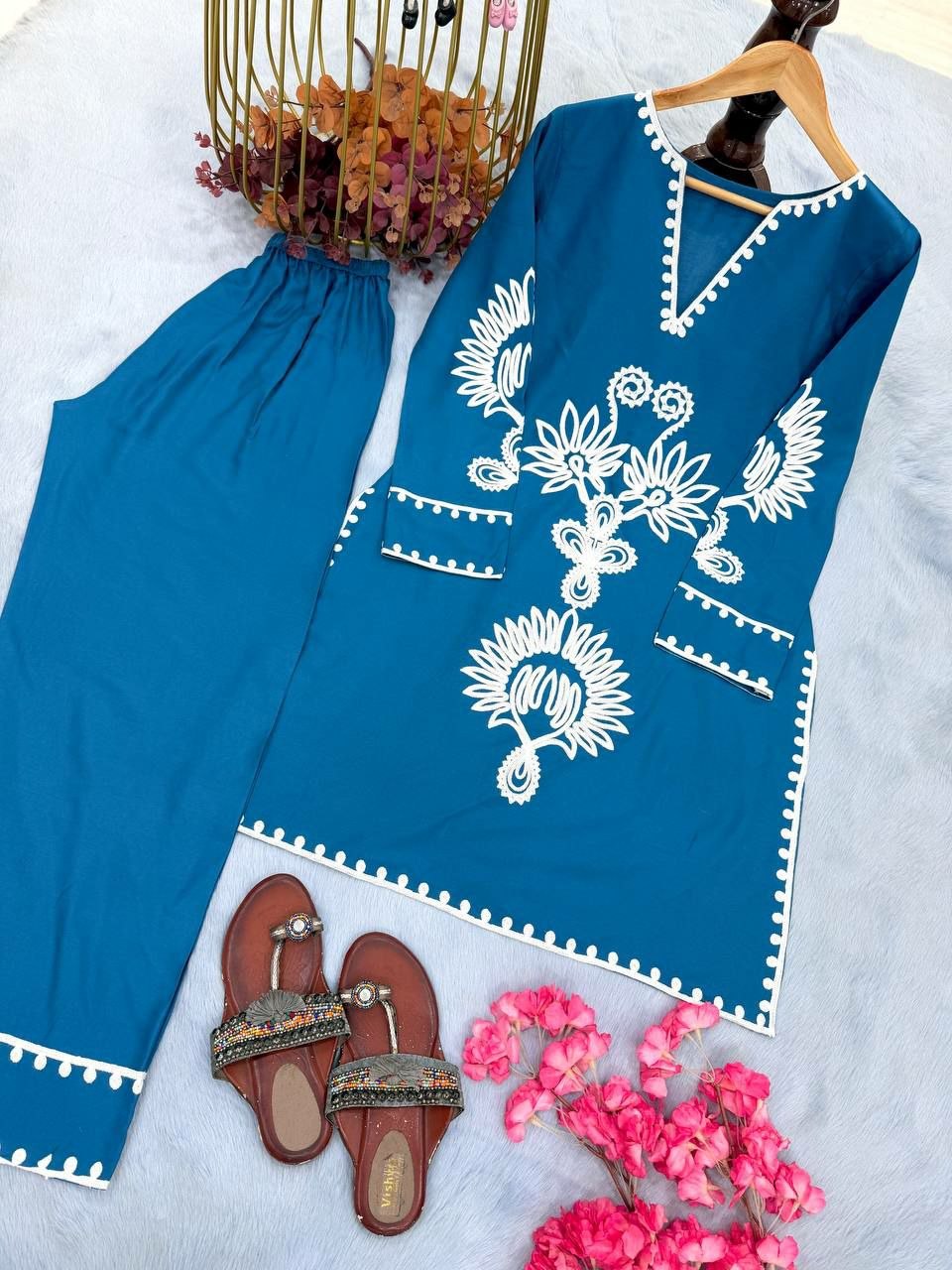 Pur Rayon With Embroidery Thread Work With Sleeves co-ord set