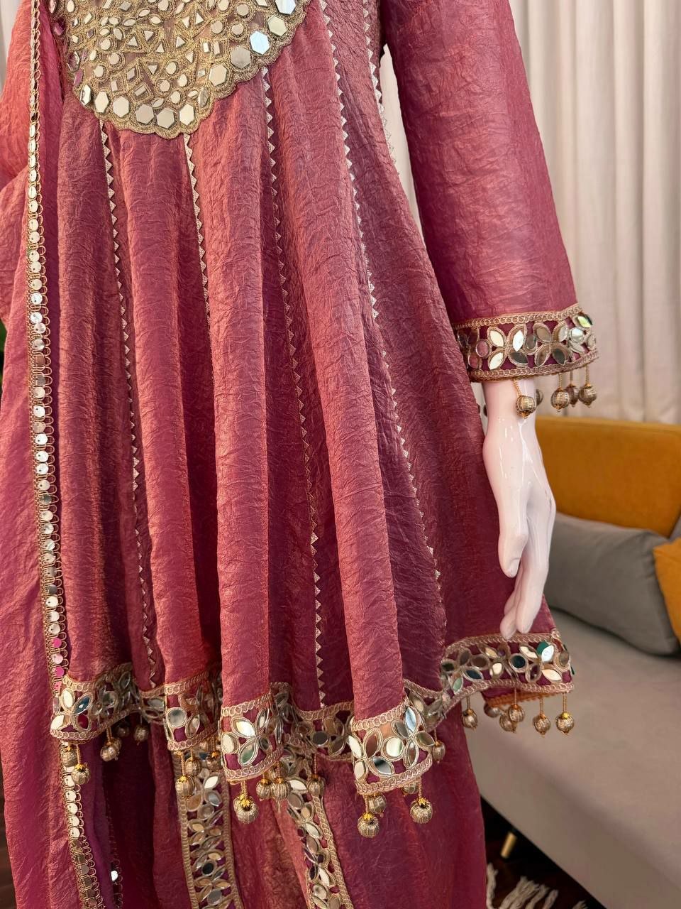 Elegant Gold Crush Mirror Work Kurti Set with Dhoti Pant & Dupatta