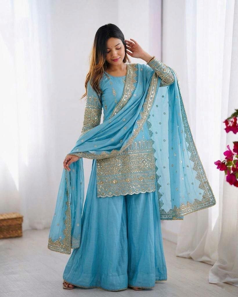Elegant Vichitra Silk Embroidery Sharara Set with Dupatta