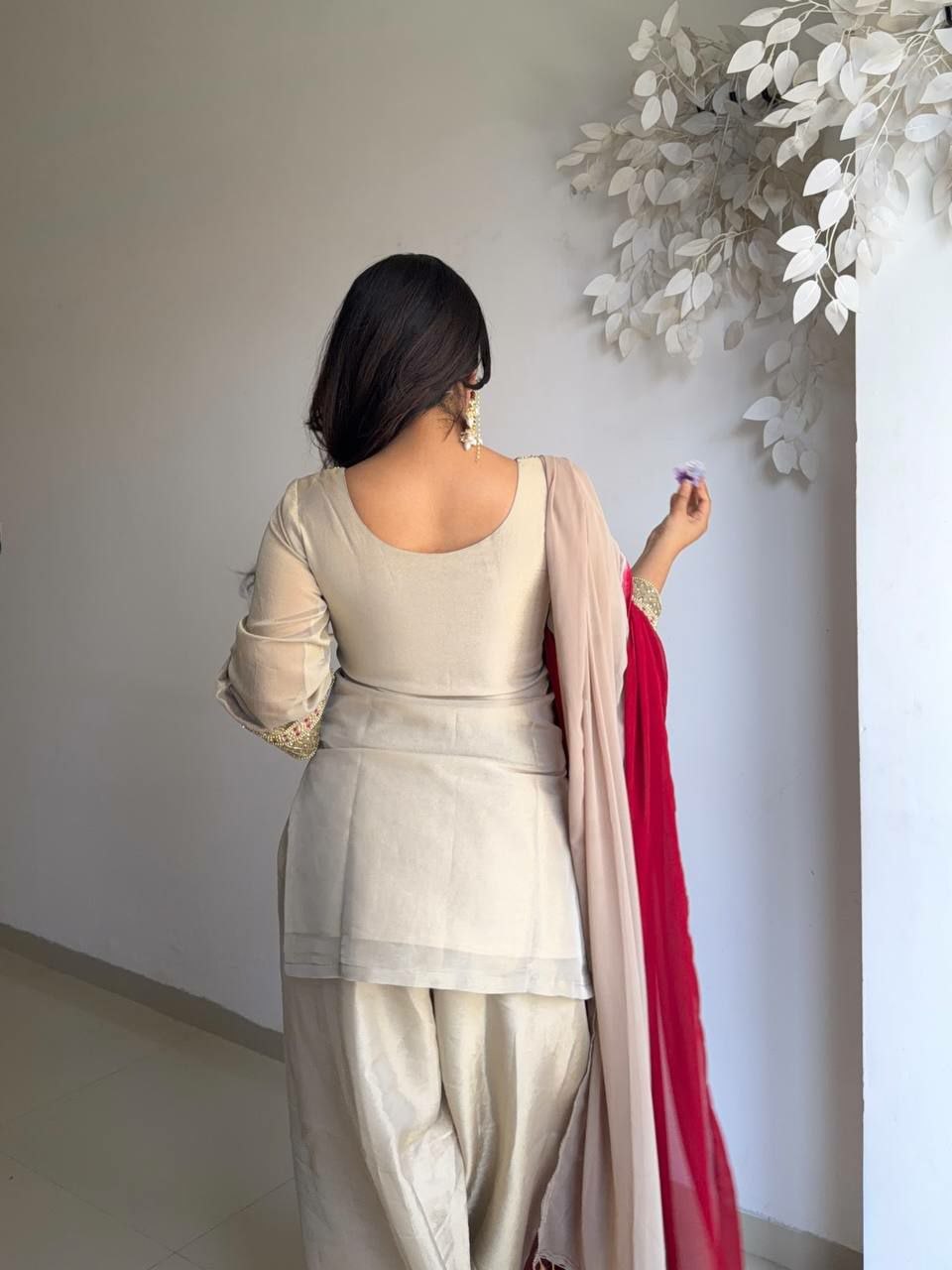 Elegant Organza Embroidered Kurti Set with Farshi Pant & Printed Dupatta