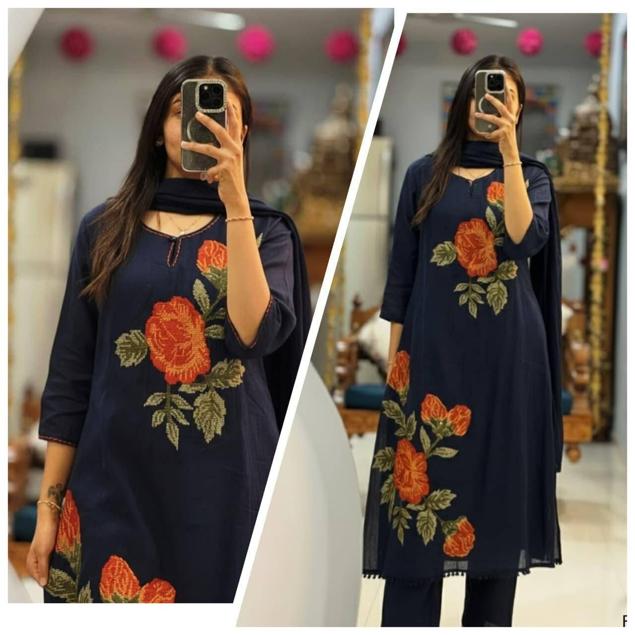 Elegant Rose Embroidery Cotton Kurti Set with Pant & Dupatta