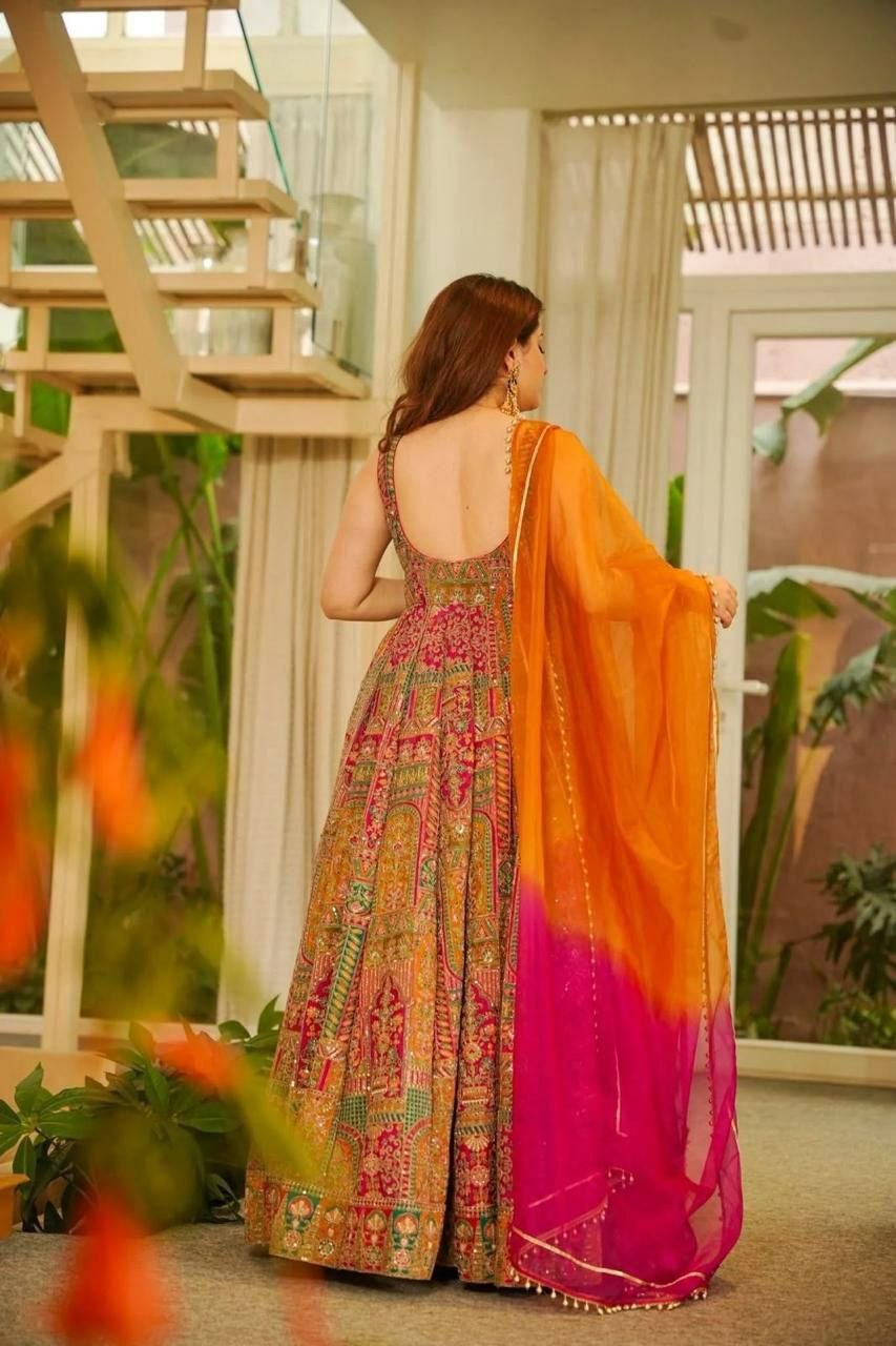 Elegant Digital Print Organza Anarkali Gown with Dupatta