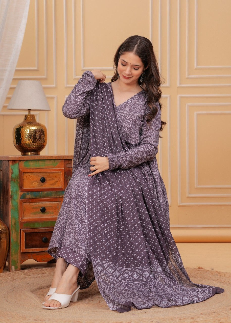 “Mulberry Smoke” Rayon Printed Kurti Pant Dupatta Set