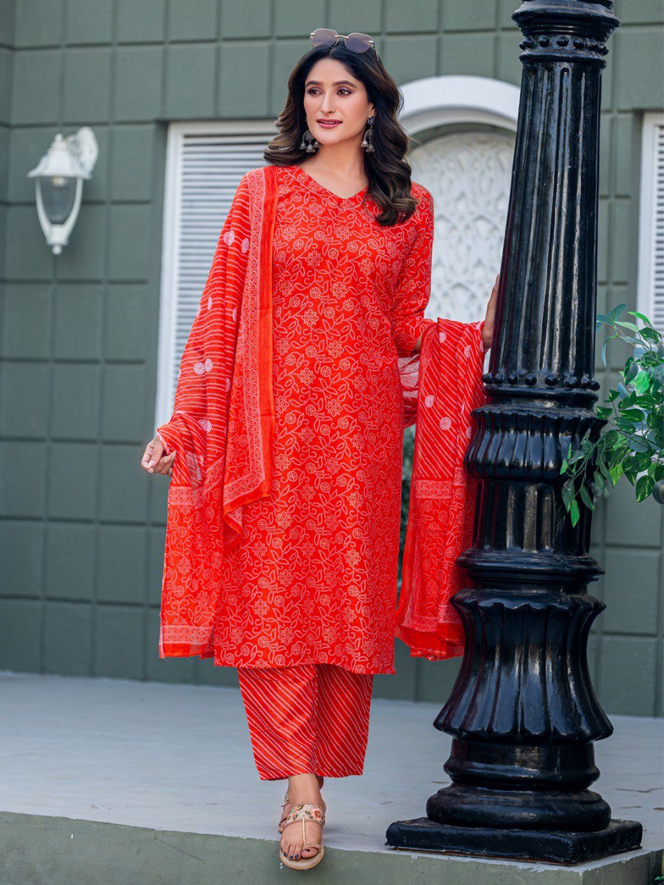 Fully Stitched Cotton Orange Kurti Pant Dupatta Set