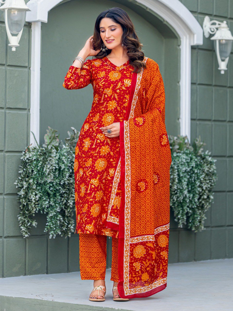 Fully Stitched maroon Cotton Kurti Pant Dupatta Set