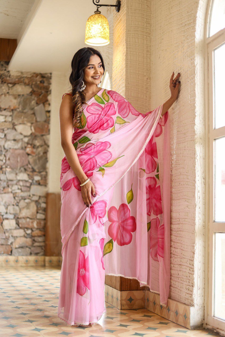 Blush Charm Pink Georgette Ready-to-Wear Saree