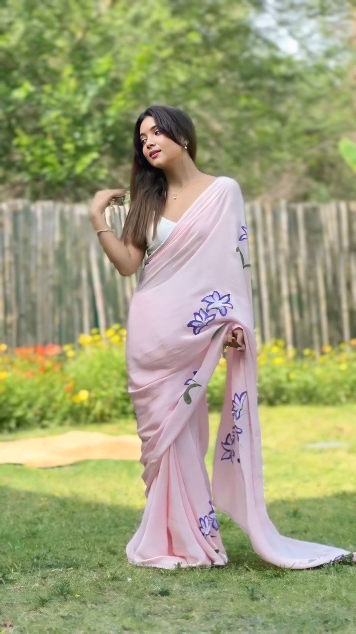 Pink Printed Georgette Ready-to-Wear Saree Set