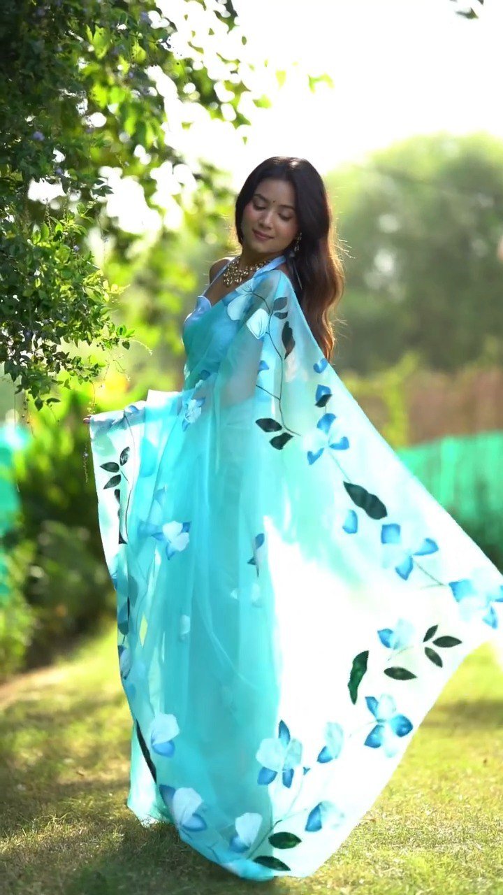 Sky Blue Organza Silk Printed Ready-to-Wear Saree with Unstitched Blouse