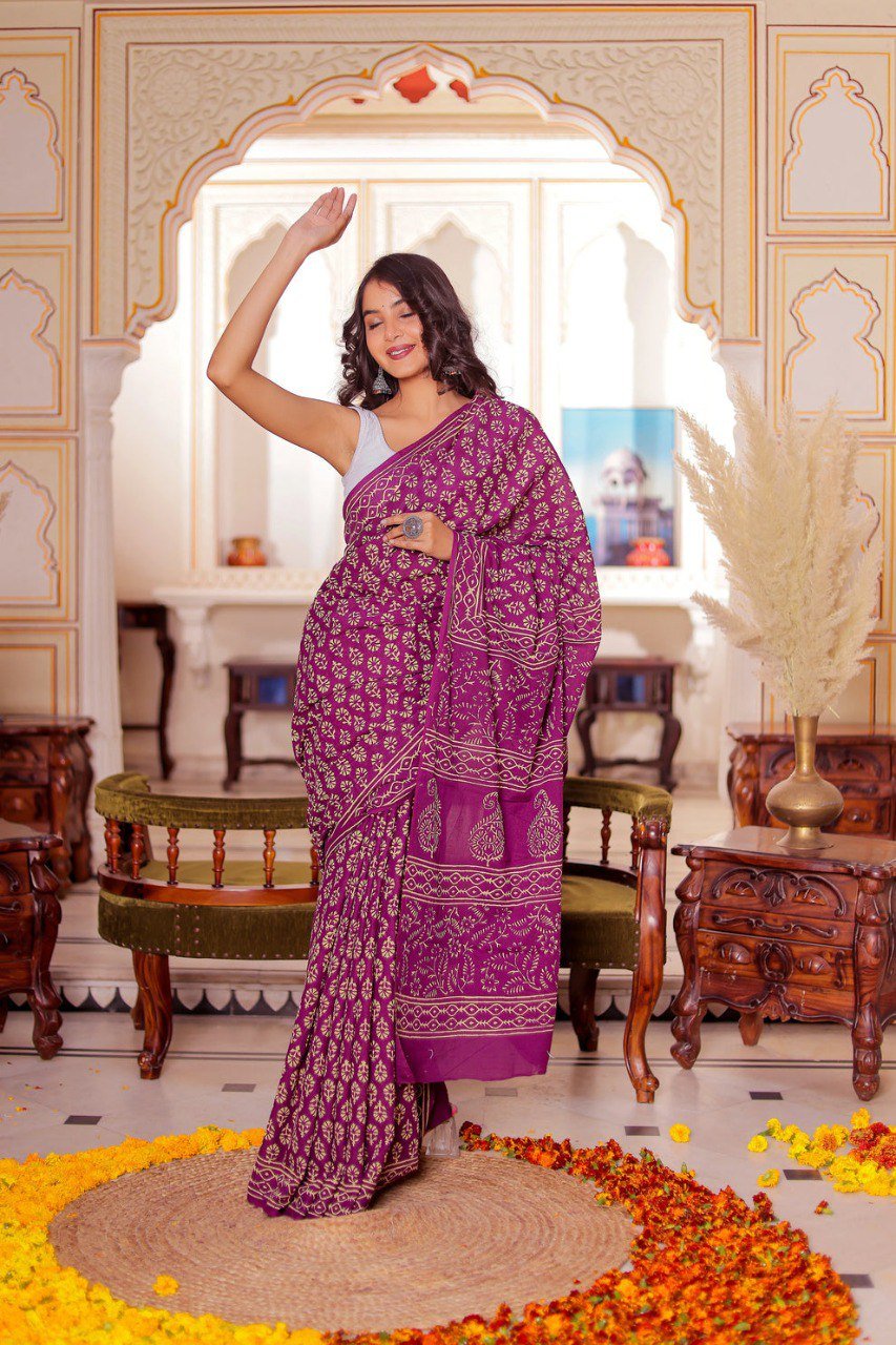 Purple Printed Cotton Ready-to-Wear Saree with White Unstitched Blouse