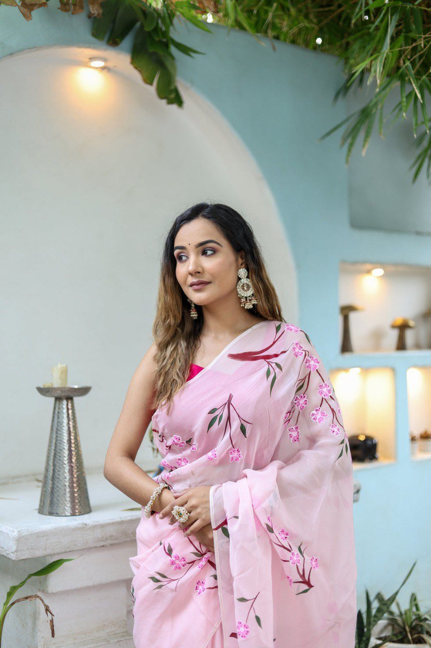 Pink Georgette Printed Ready-to-Wear Saree with Red Unstitched Blouse