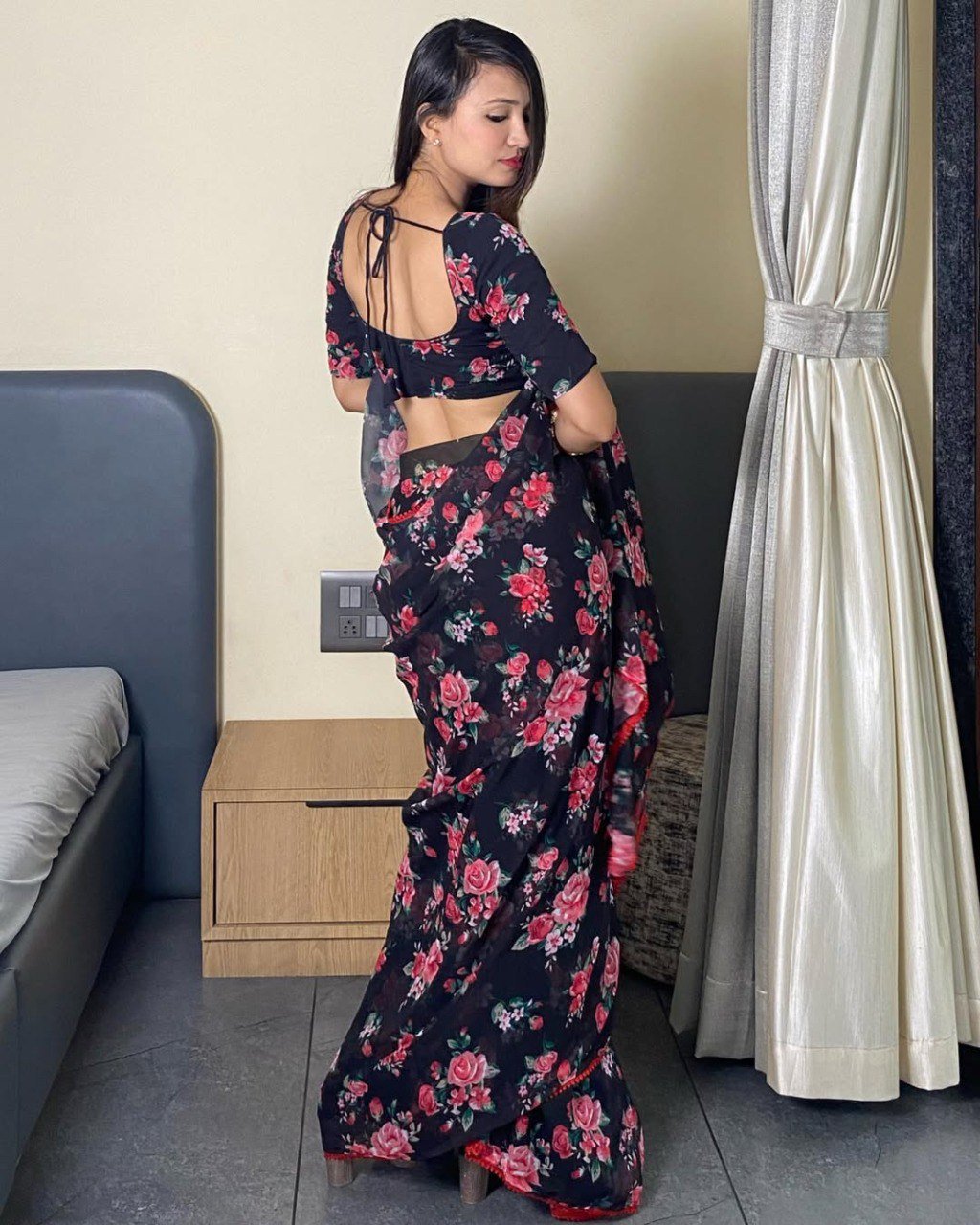 Elegant Black Georgette Printed Saree with Unstitched Silk Blouse