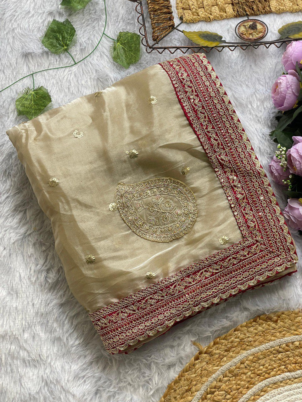 Designer Maroon Jimichu Silk Saree with Heavy Embroidery Work
