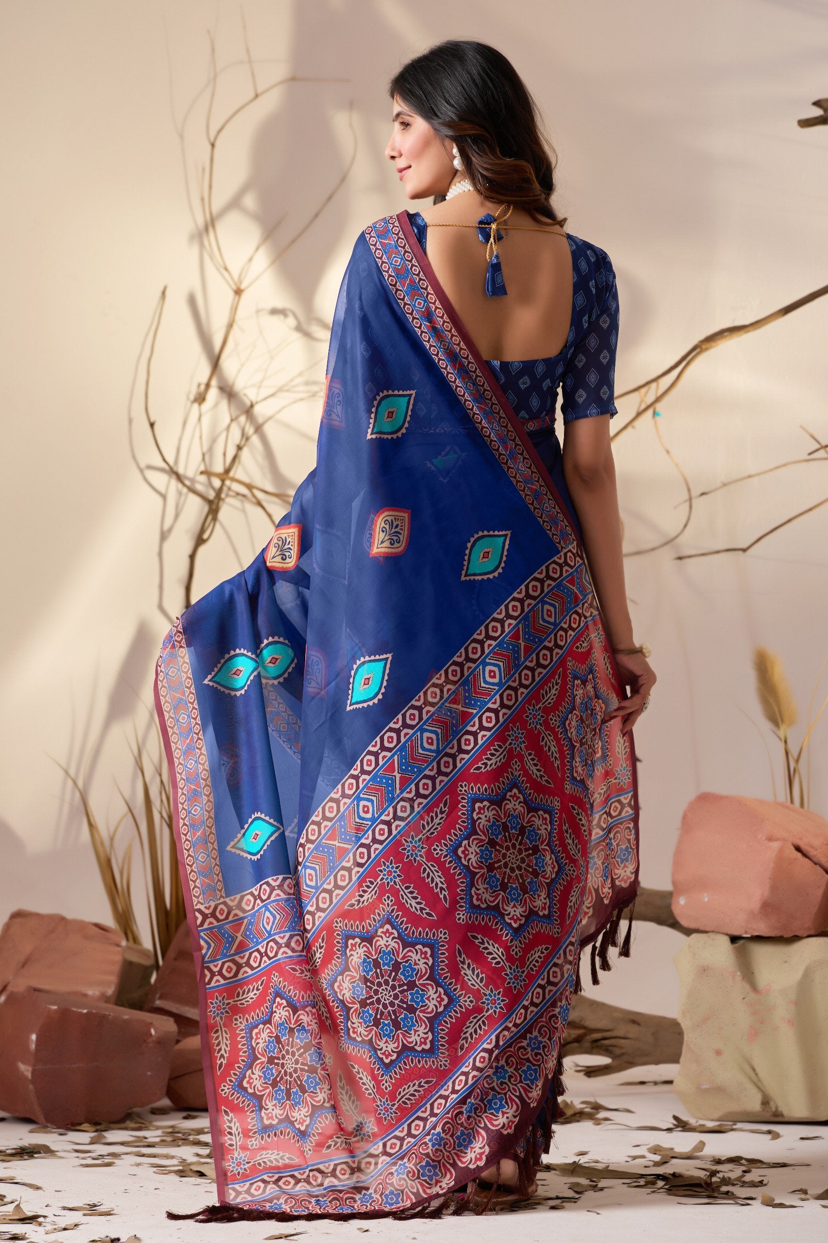 Royal Blue Geometric Elegance Soft Georgette Saree