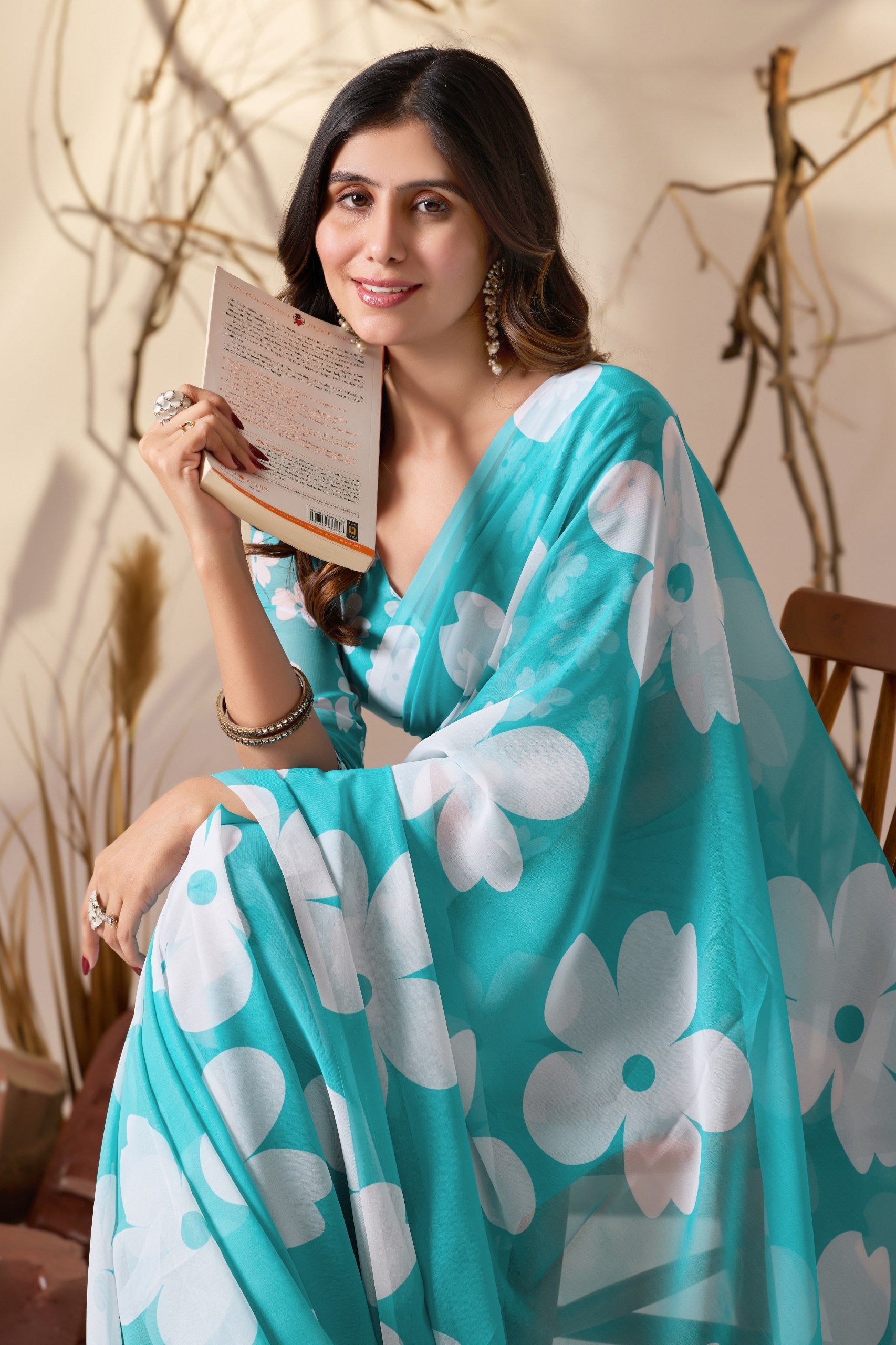 Aqua Bloom Soft Georgette Floral Saree