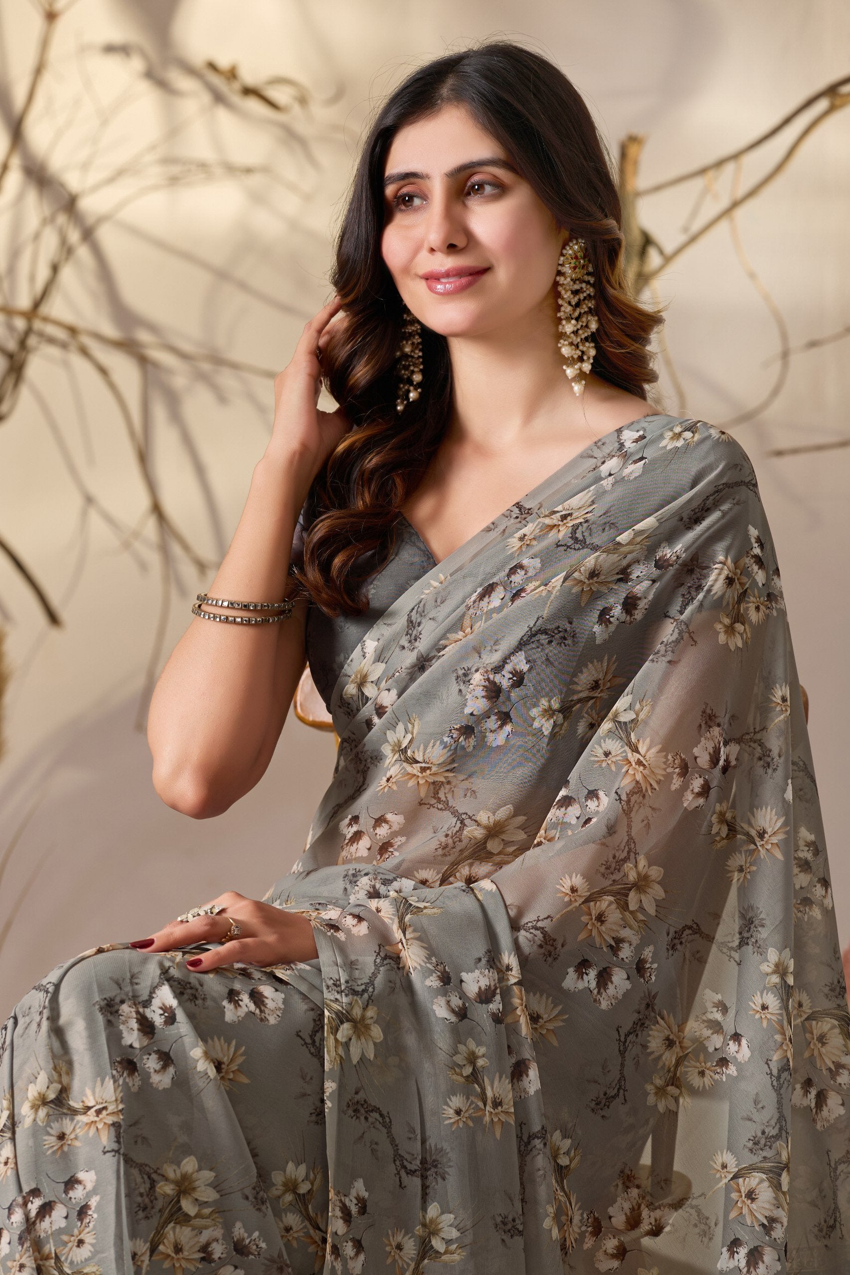 Misty Grey Tribal Bloom Soft Georgette Saree