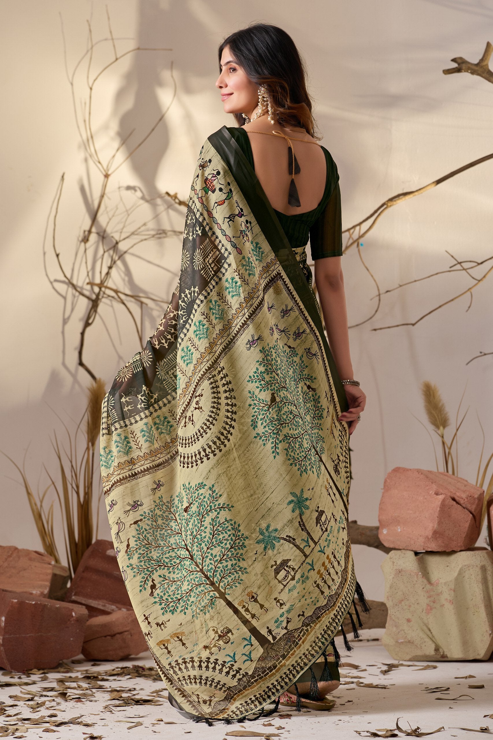 Olive Warli Heritage Soft Georgette Saree