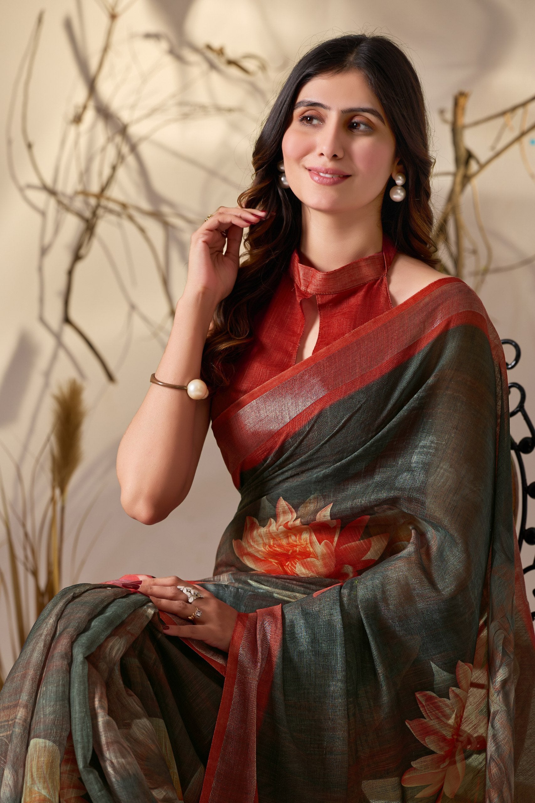 Rustic Elegance Dark Floral Linen Cotton Saree