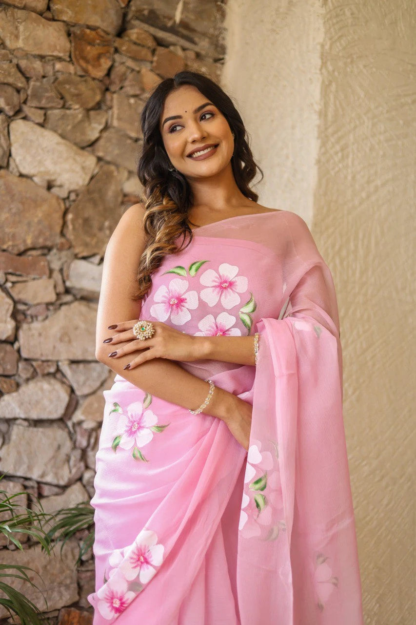 Soft Baby Pink Georgette Printed Saree