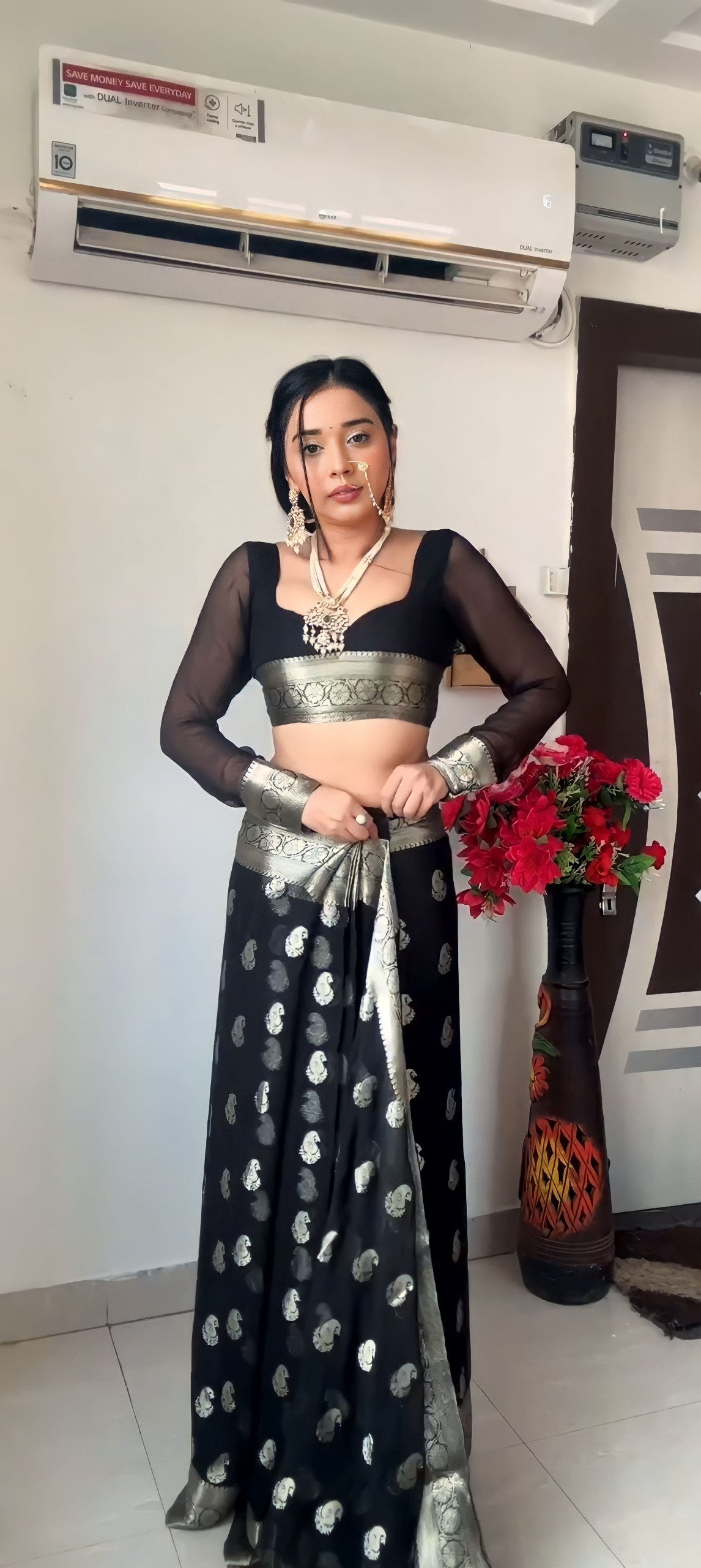 Black Cotton Weaving Ready-to-Wear Saree