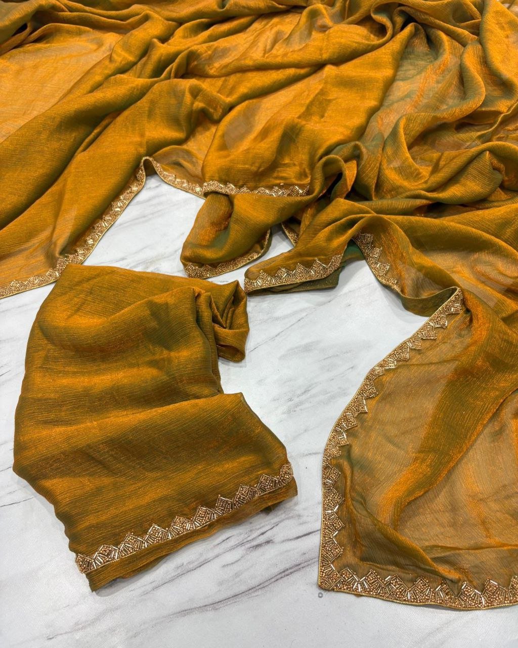 Premium Fandy Crush Saree with Elegant Katdana Lace Border & Matching Blouse