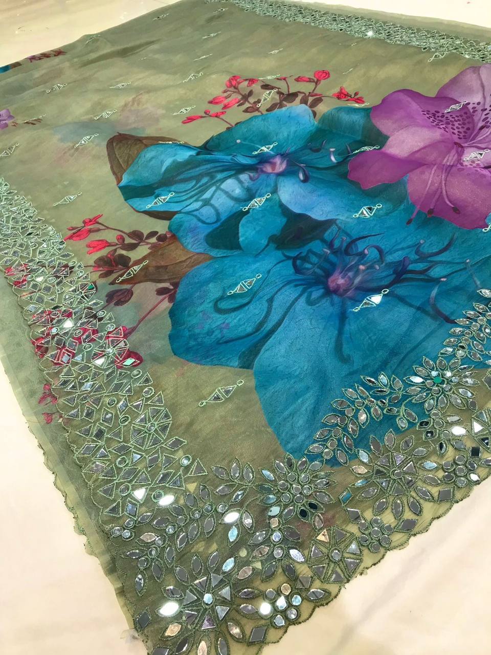 Premium Buttery Soft Organza Saree with Digital Print & Real Mirror Work