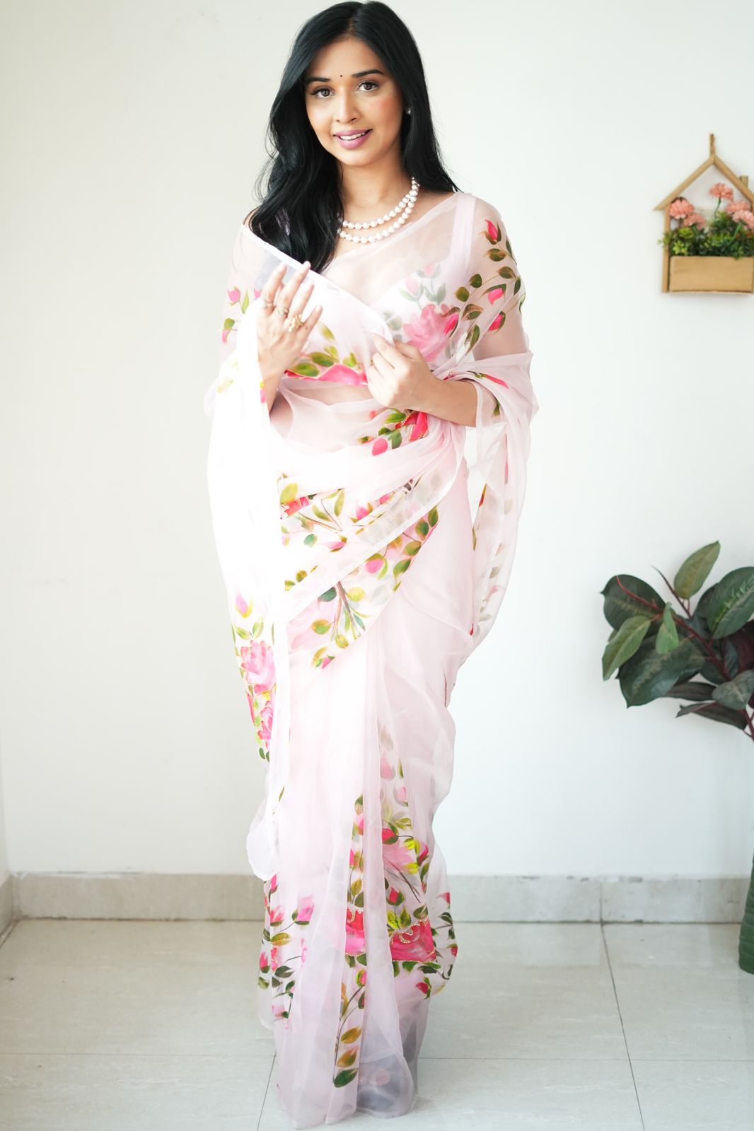 Elegant White Organza Printed Ready-to-Wear Saree