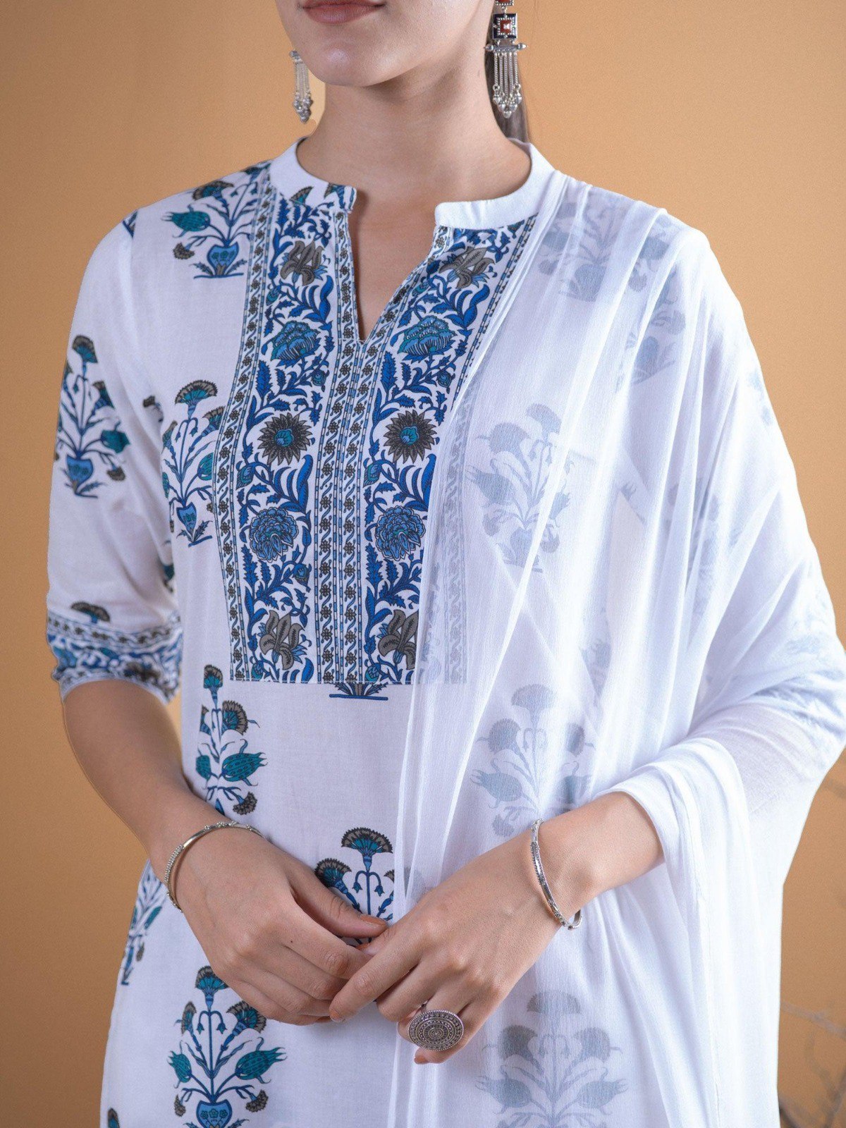 White Printed Kurti Set with Dupatta